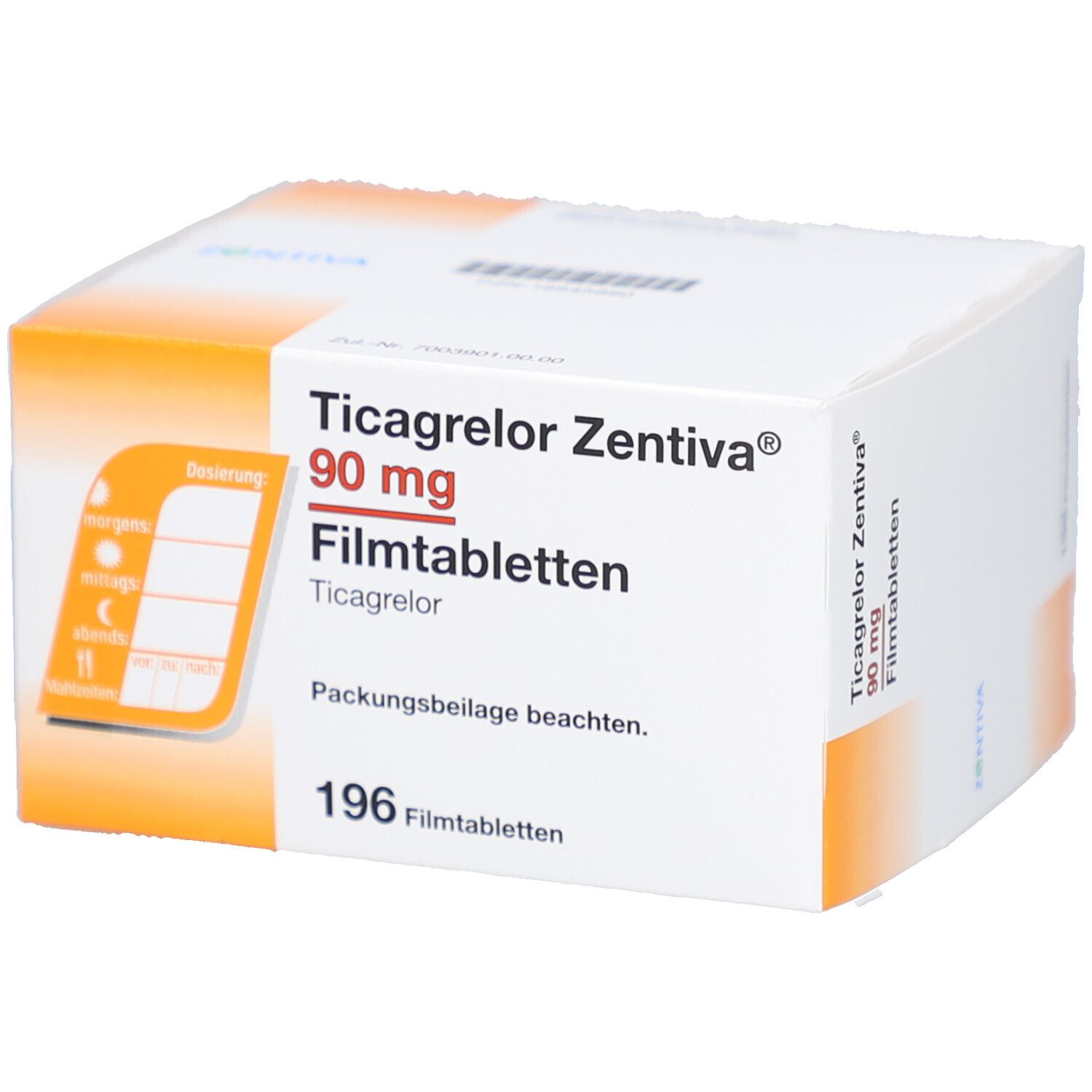 Schachtel mit Ticagrelor Zentiva 90 mg Filmtabletten. Aufschrift: 196 Filmtabletten. Marke Zentiva. Beipackzettel beachten.