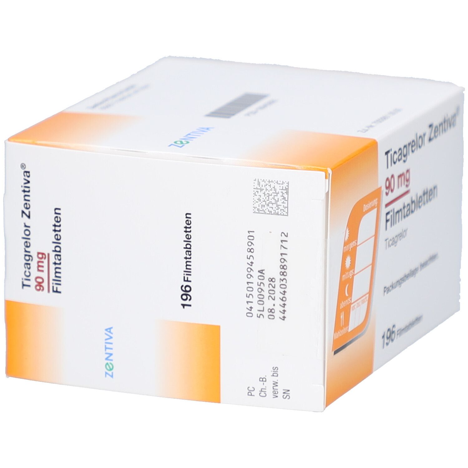 Schachtel mit Ticagrelor Zentiva 90 mg Filmtabletten. Aufschrift: 196 Filmtabletten. Marke Zentiva. Detailansicht.