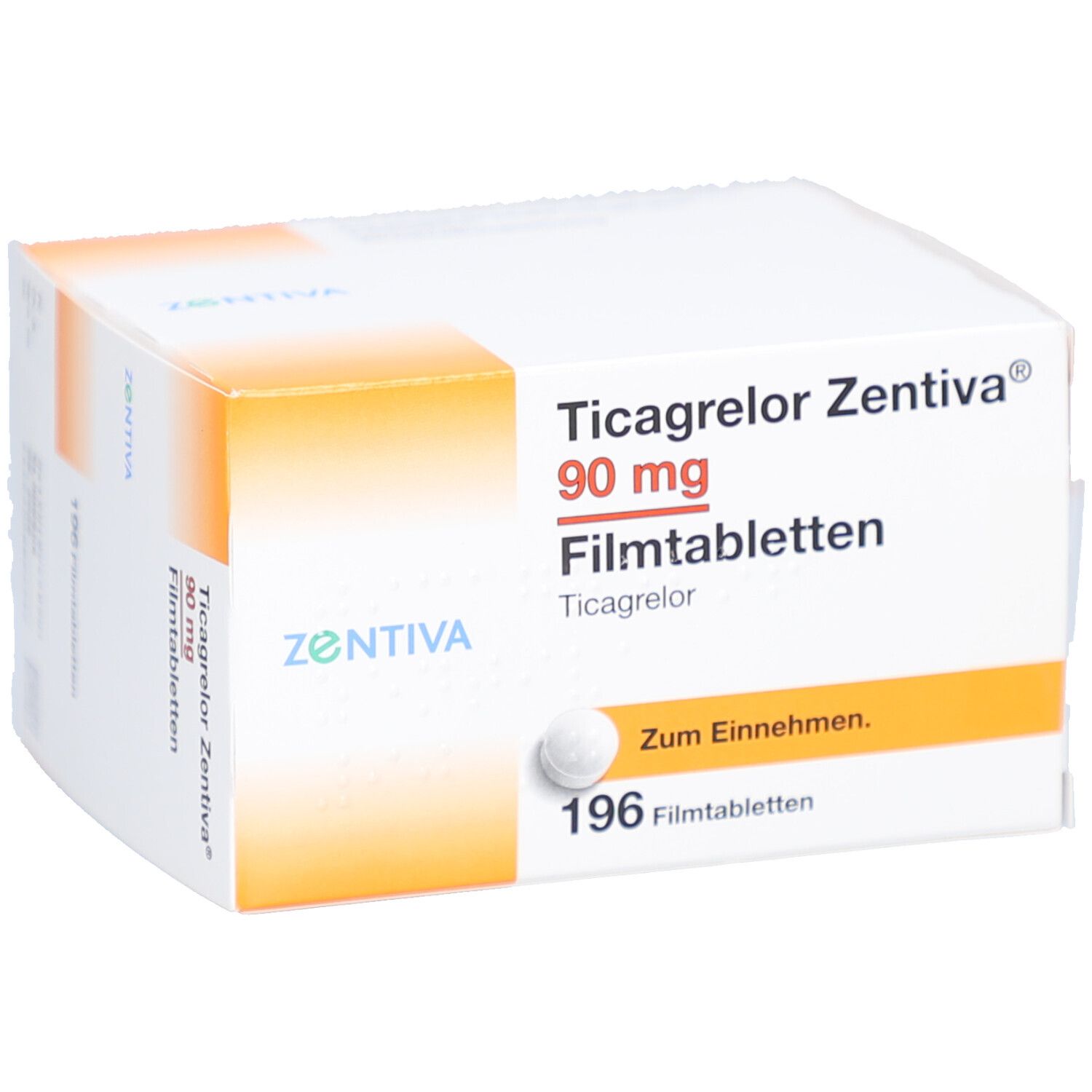 Schachtel mit Ticagrelor Zentiva 90 mg Filmtabletten. Aufschrift: 196 Filmtabletten. Marke Zentiva. Zum Einnehmen.