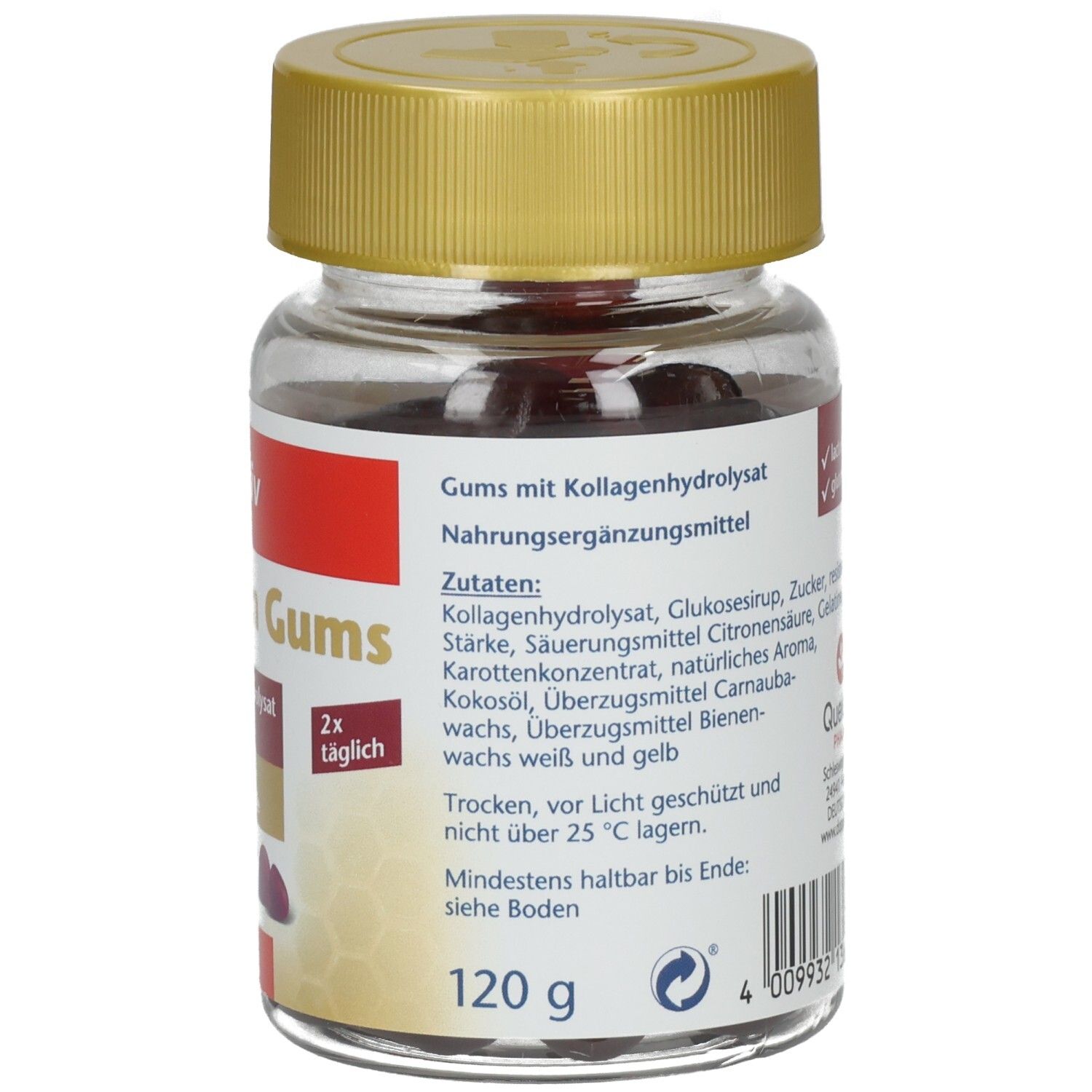 Seitenansicht Doppelherz aktiv Kollagen Gums: Zutatenliste, Nettofüllmenge 120 g und Siegel.