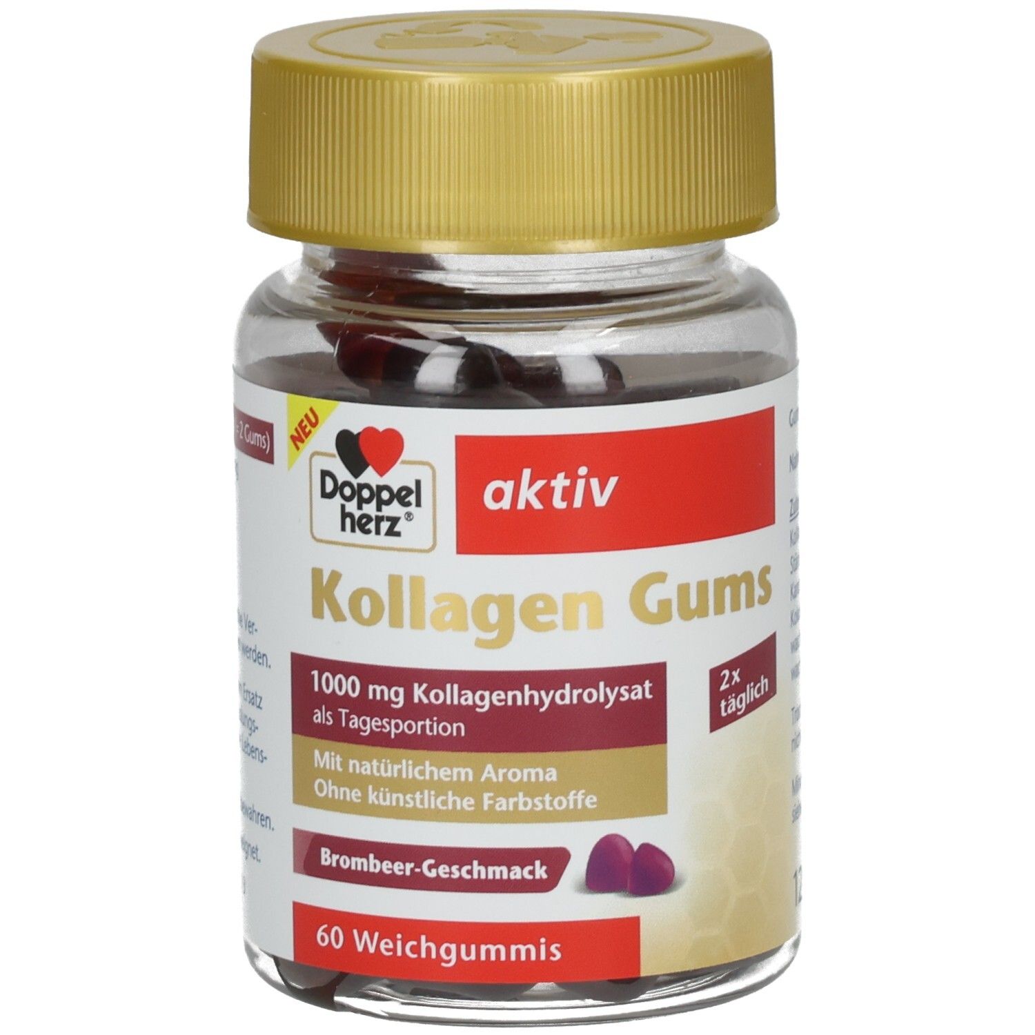 Doppelherz aktiv Kollagen Gums: Glas mit 60 Weichgummis, Brombeer-Geschmack, 1000 mg Kollagenhydrolysat.