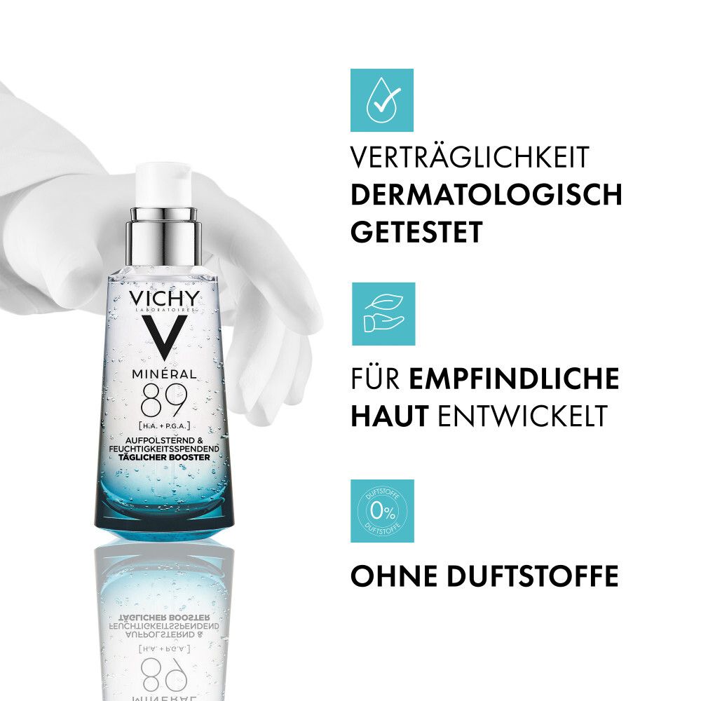 Vichy Mineral 89 Booster, Tagescreme und Nachtcreme für eine vollständige Feuchtigkeitsroutine.