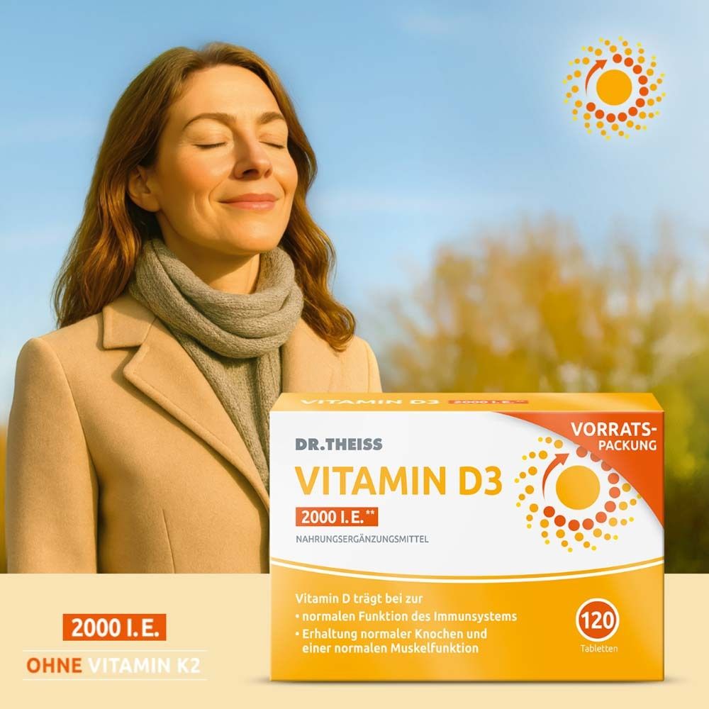 DR.THEISS Vitamin D3 Tabletten 2000 I.E. Packung. Frau im Freien. Ohne Vitamin K2. Für Immunsystem, Knochen und Muskeln.