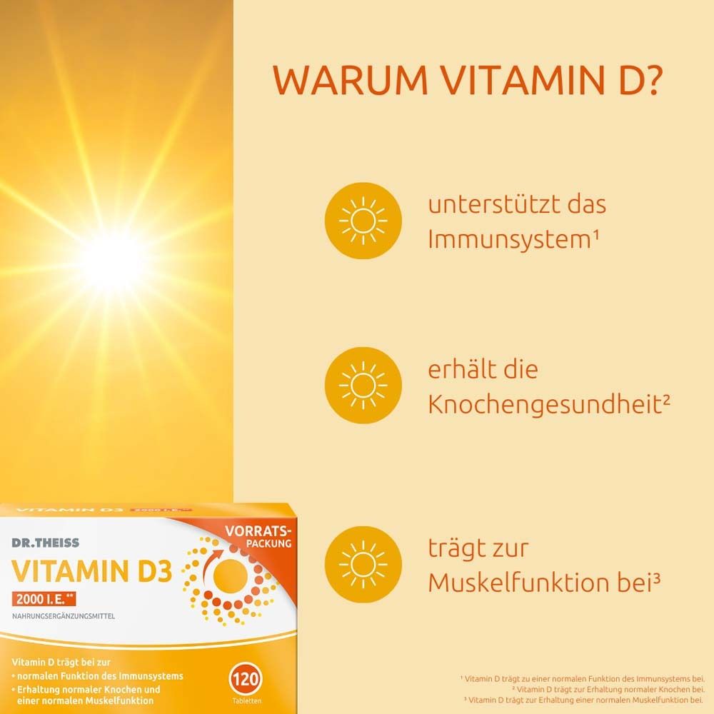 DR.THEISS Vitamin D3 Tabletten 2000 I.E. Packung. Warum Vitamin D? Für Immunsystem, Knochengesundheit und Muskelfunktion.