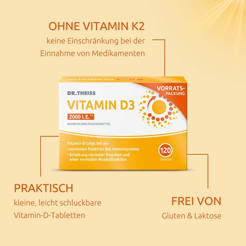 DR.THEISS Vitamin D3 Tabletten 2000 I.E. Packung. Ohne Vitamin K2. Praktisch, frei von Gluten & Laktose. 120 Tabletten.