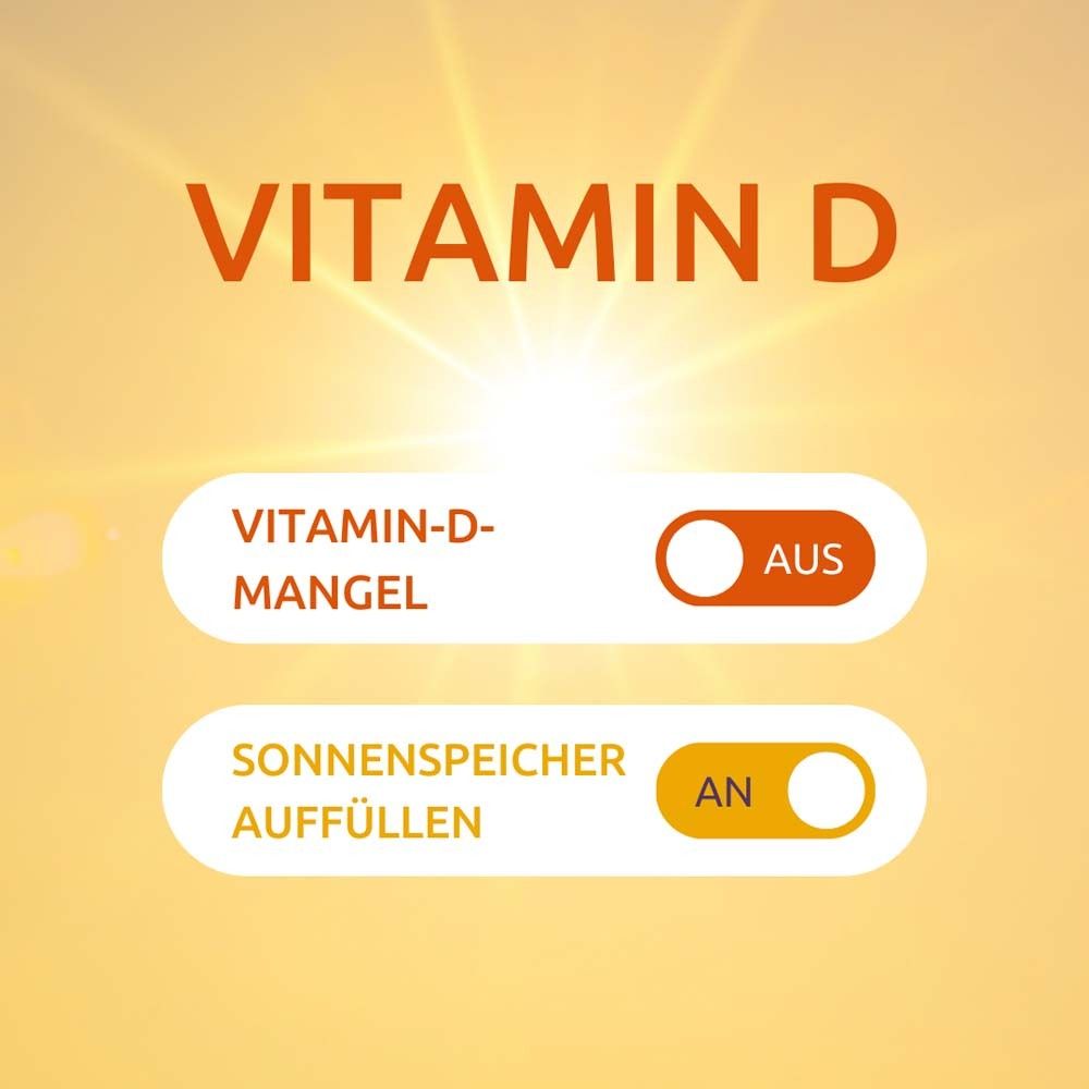 Vitamin D. Schalter: Vitamin-D-Mangel AUS, Sonnenspeicher AUFFÜLLEN AN. Gelber Hintergrund.