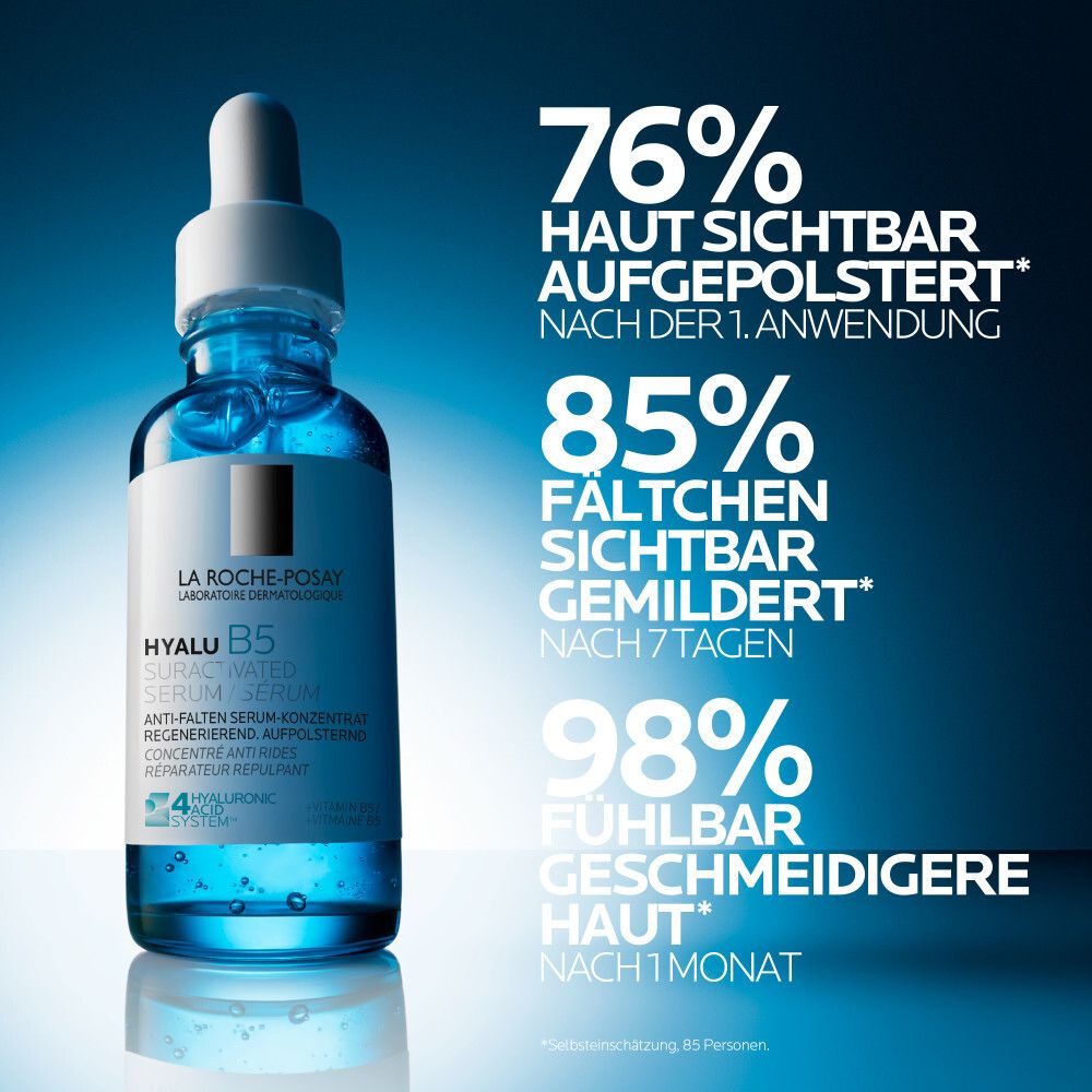Blaues Serumfläschchen mit weißen Texten. Text: 76% glattere Haut nach der 1. Anwendung. 85% weniger Falten nach 7 Tagen.