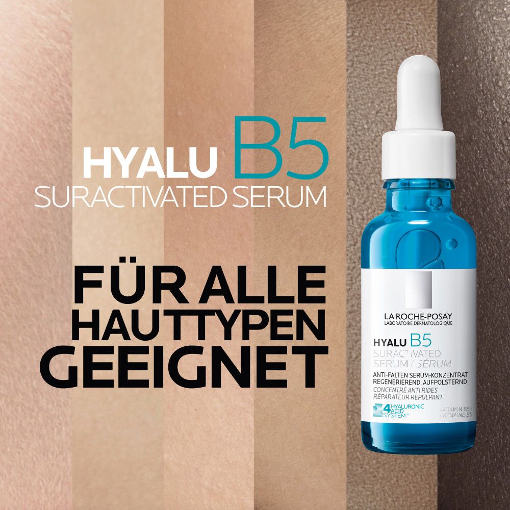 Blaues Serumfläschchen. Text: Für alle Hauttypen geeignet. Hintergrund mit verschiedenen Hauttönen.