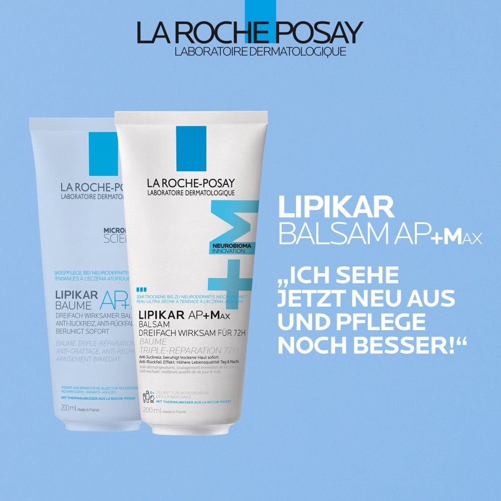 Zwei Tuben La Roche-Posay Lipikar Balsam AP+M. Blauer Hintergrund. Text: „Ich sehe jetzt neu aus und Pflege noch besser!“