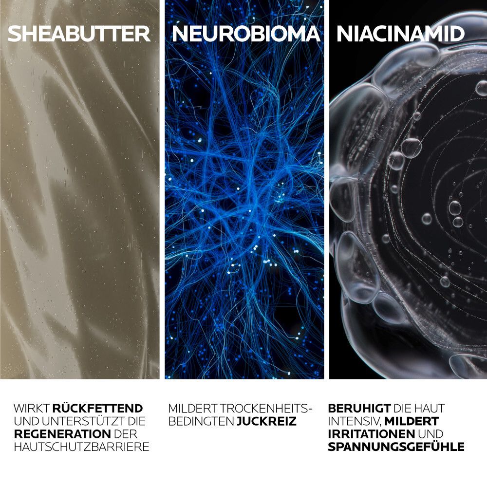Nahaufnahmen von Inhaltsstoffen: Sheabutter, Neurobioma, Niacinamid. Texte beschreiben die Wirkung der Inhaltsstoffe.