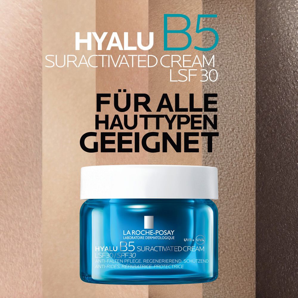 Cremetiegel. Text: Für alle Hauttypen geeignet.  Produktname: Hyalu B5 Suractivated Cream LSF 30.