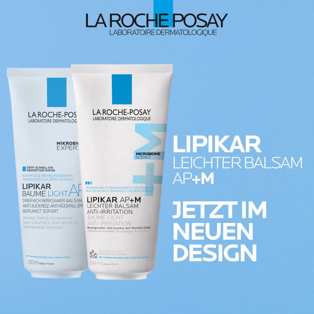 Zwei Tuben La Roche-Posay Lipikar Leichter Balsam AP+M. Weiß, blaues Logo. Text: Jetzt im neuen Design.
