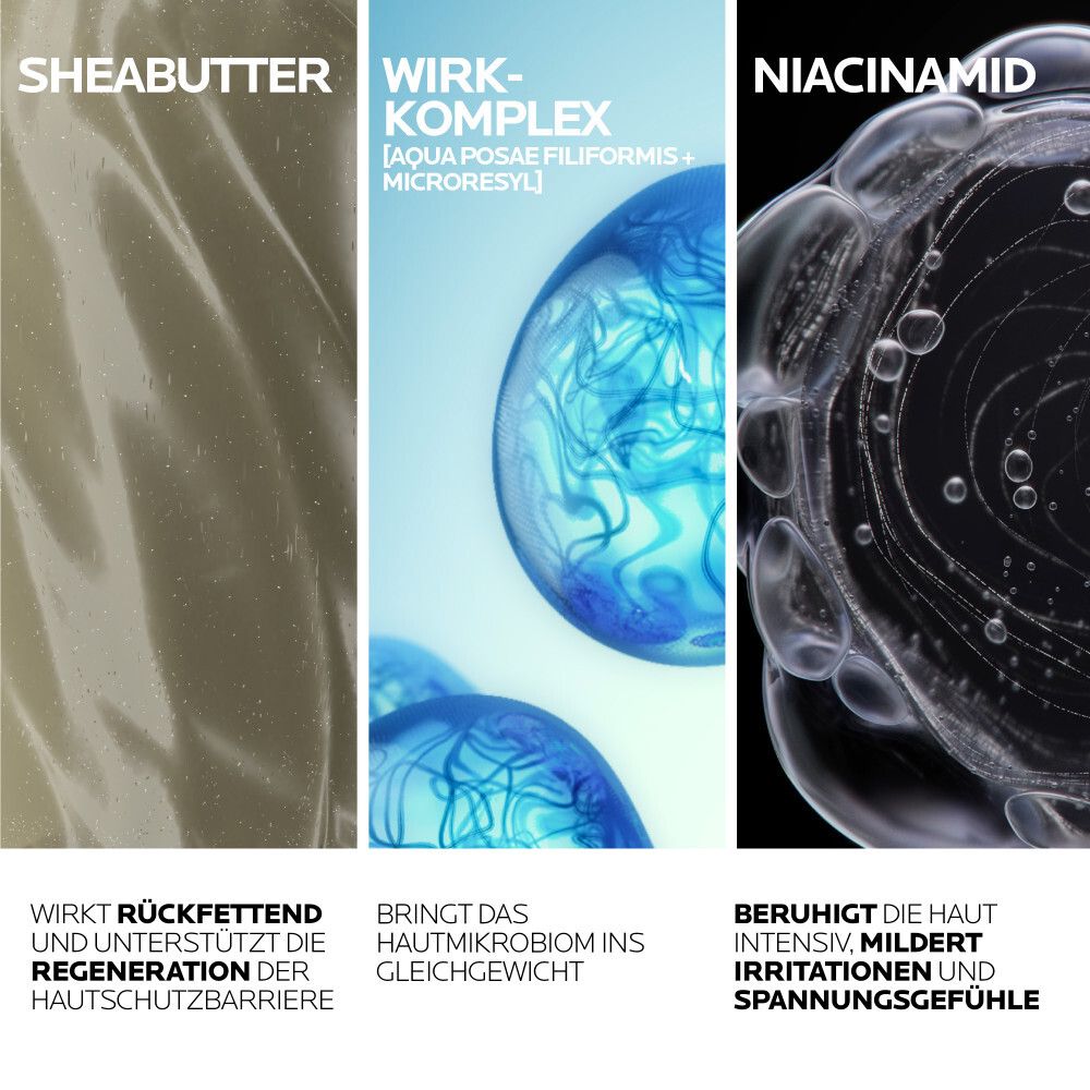 Drei Bilder mit Inhaltsstoffen: Sheabutter, Wirk-Komplex, Niacinamid. Text: Rückfettend, Hautmikrobiom, beruhigt.