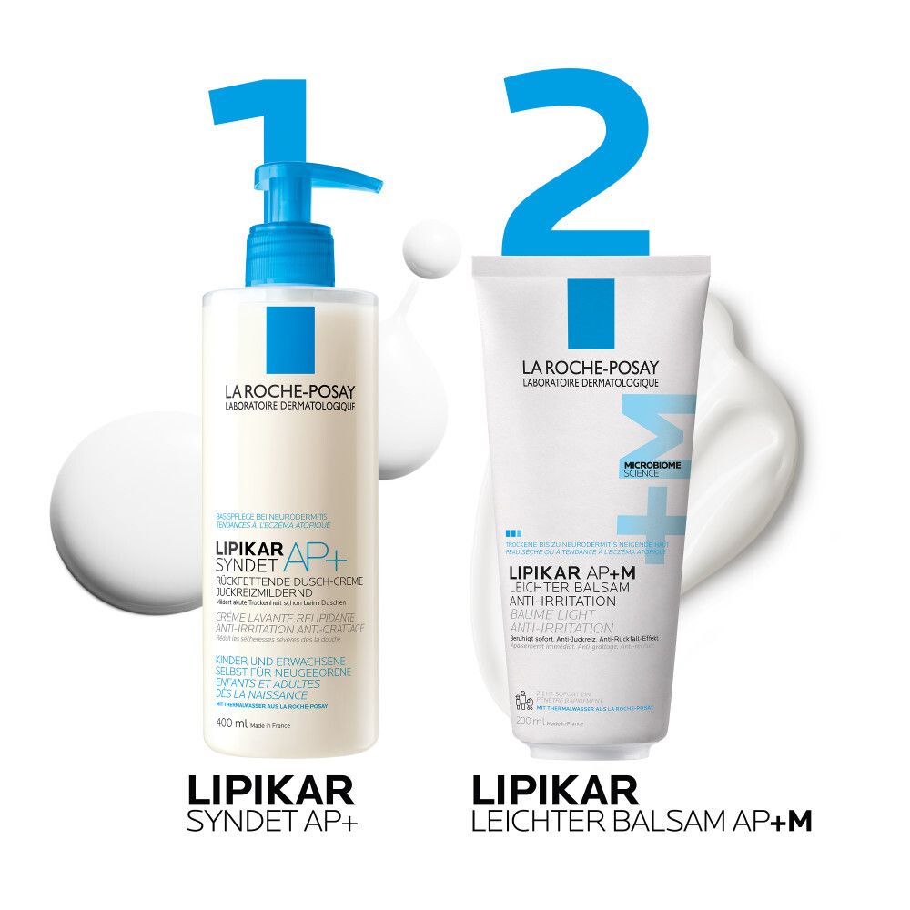 Zwei Produkte: La Roche-Posay Lipikar Syndet AP+ und La Roche-Posay Lipikar Leichter Balsam AP+M. 400ml und 200ml.