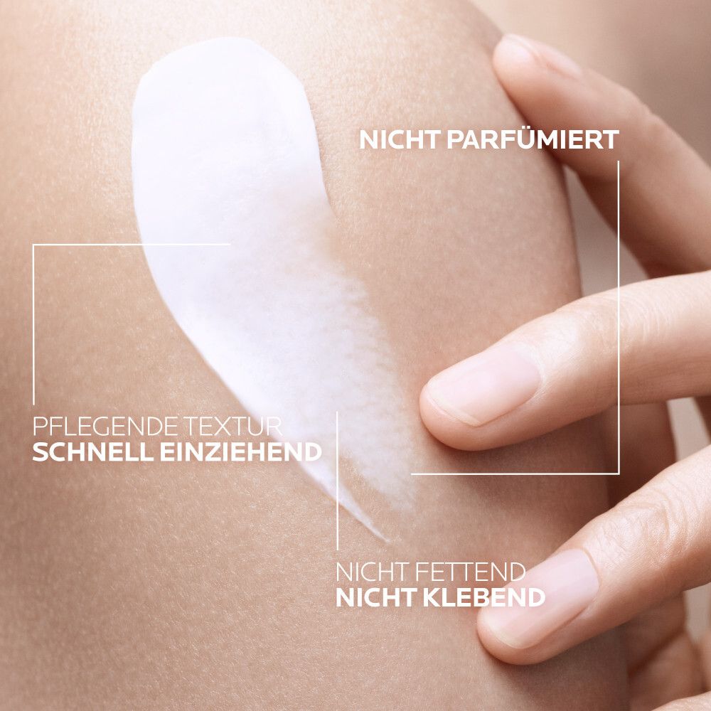 Hand auf Haut, Creme auftragen. Text: Nicht parfümiert, pflegende Textur, schnell einziehend, nicht fettend, nicht klebend.