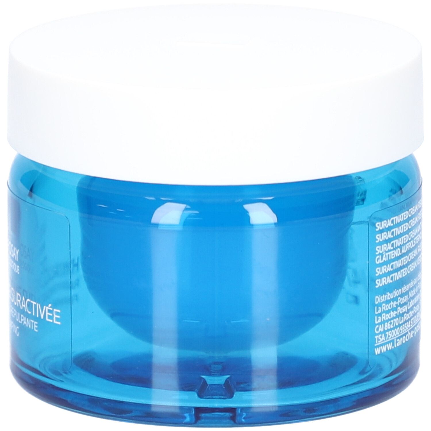 Blaue Creme-Dose mit weißem Deckel. Aufschrift: Suractivée Cream.