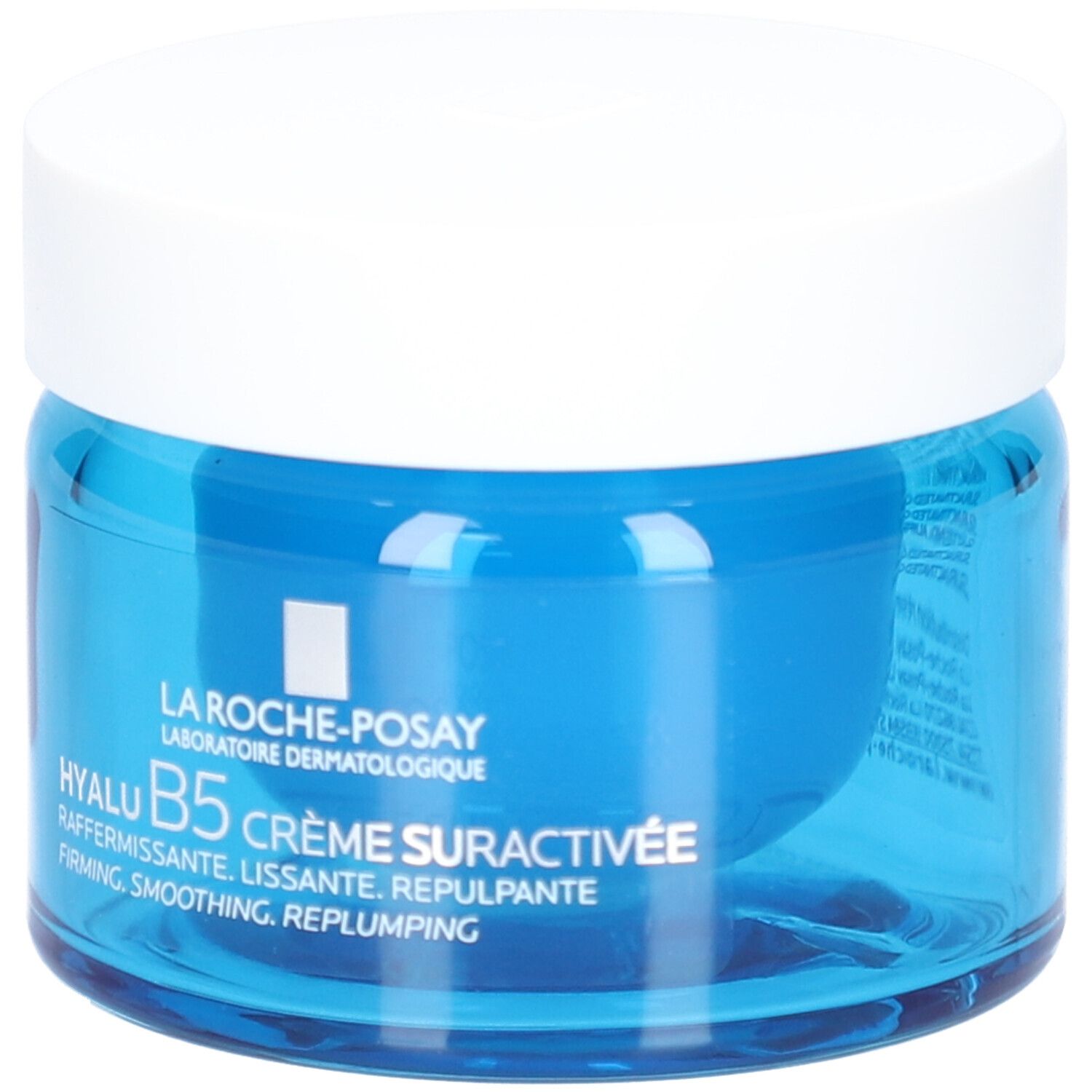 Blaue Creme-Dose mit weißem Deckel. Aufschrift: La Roche-Posay, Hyalu B5 Crème Suractivée.
