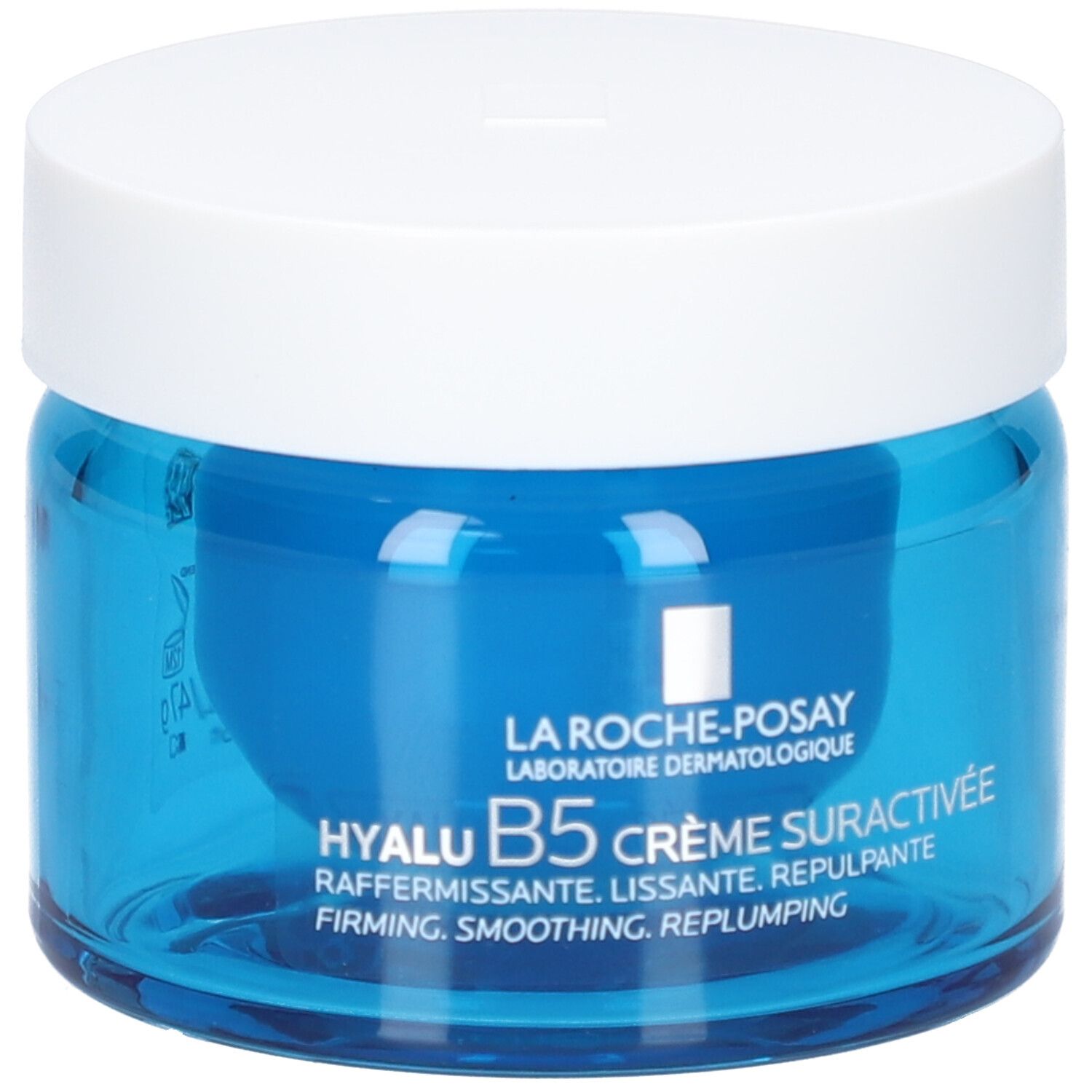 Blaue Creme-Dose mit weißem Deckel. Aufschrift: La Roche-Posay, Hyalu B5 Crème Suractivée.