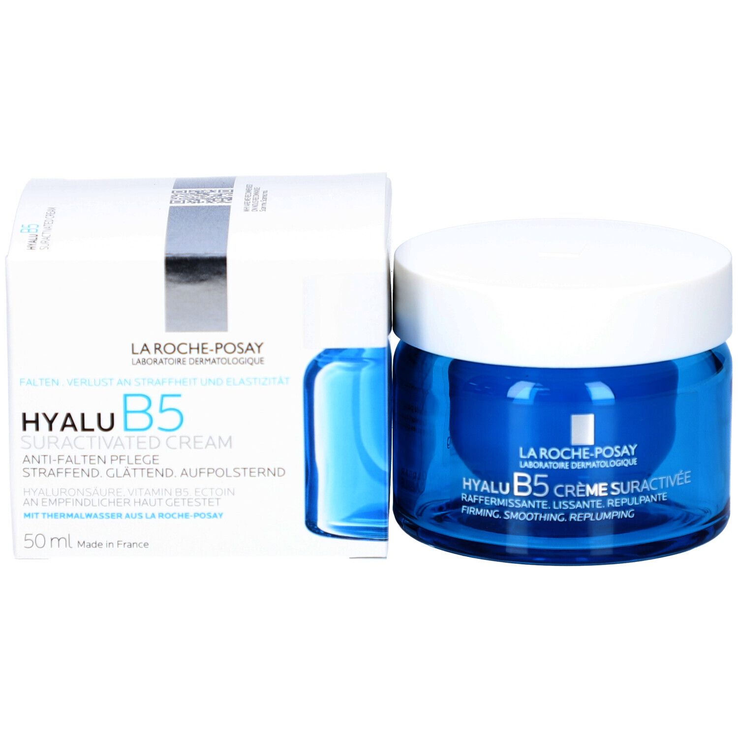 Creme-Dose und Verpackung. Aufschrift: La Roche-Posay, Hyalu B5 Suractivated Cream. 50ml.