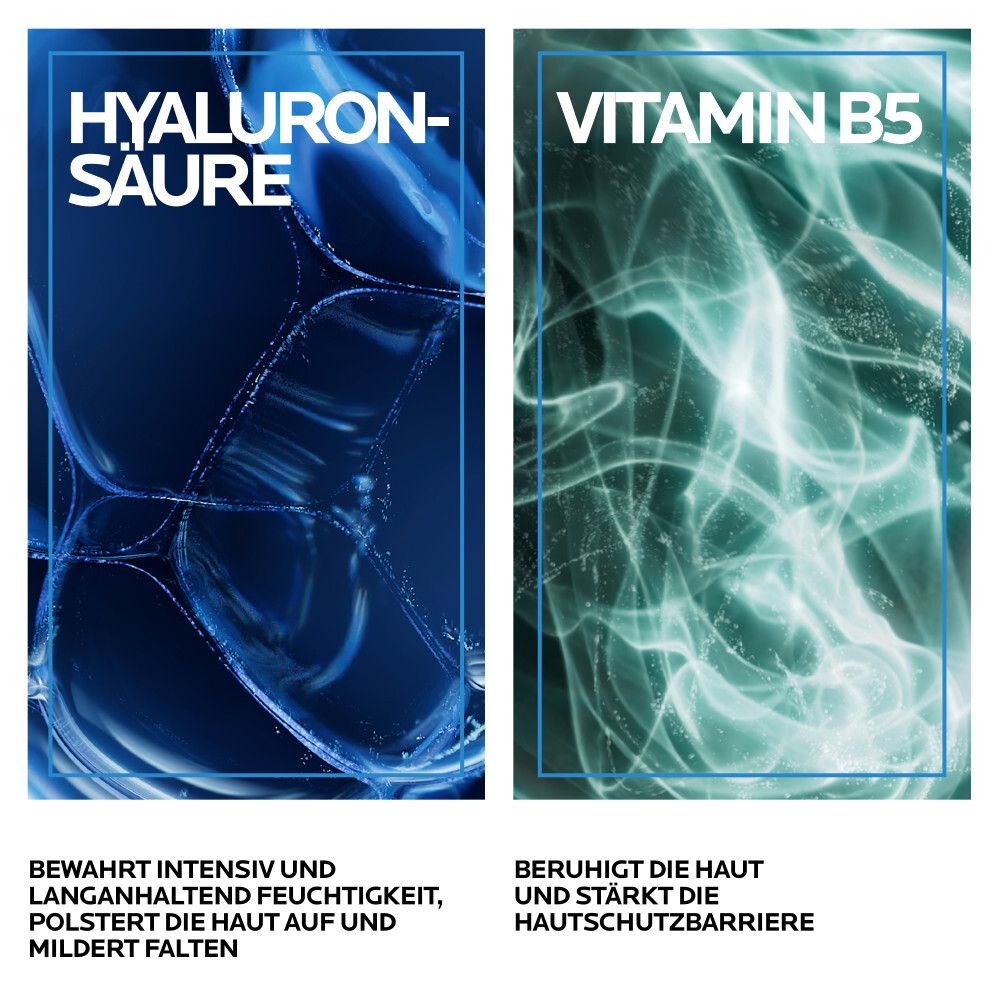 Zwei Textfelder: Hyaluronsäure, bewahrt Feuchtigkeit. Vitamin B5, beruhigt die Haut. Blaue und grüne Hintergründe.