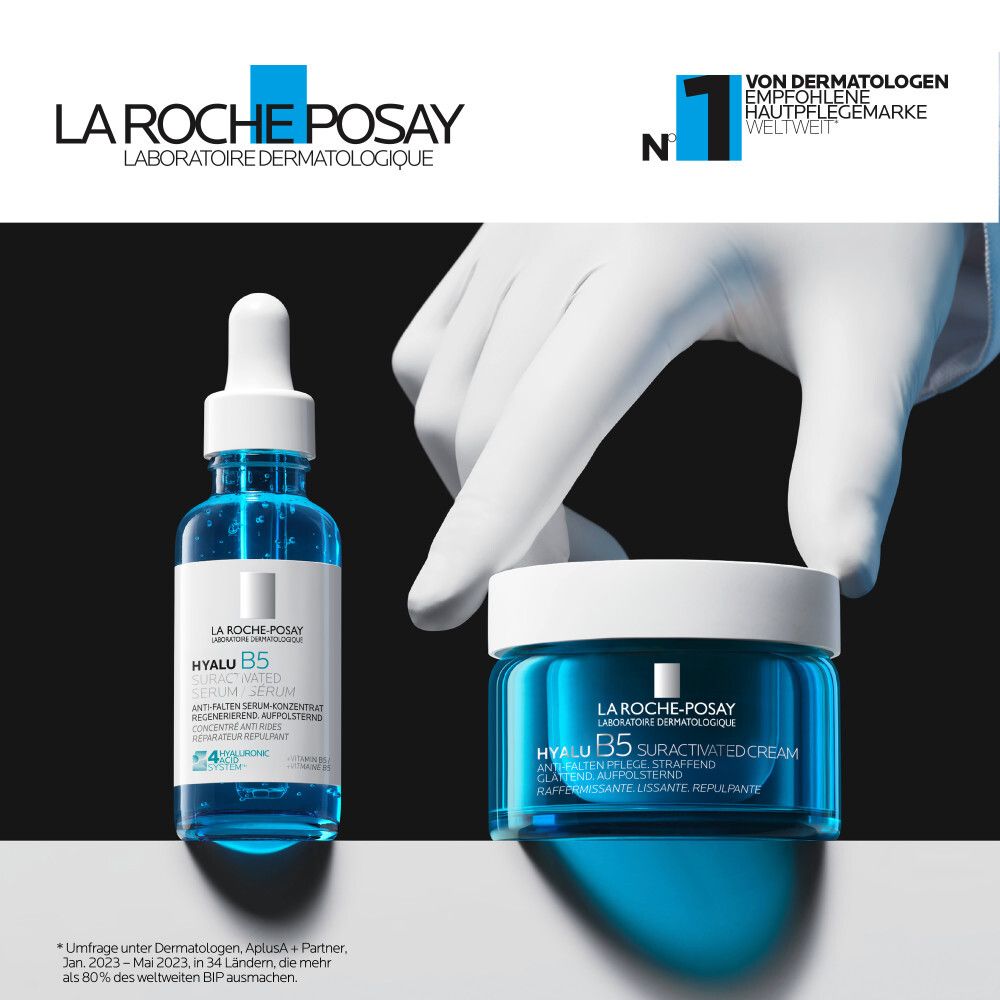 La Roche-Posay Produkte: Serum und Creme. Logo und Text: HYALU B5. Von Dermatologen empfohlen.