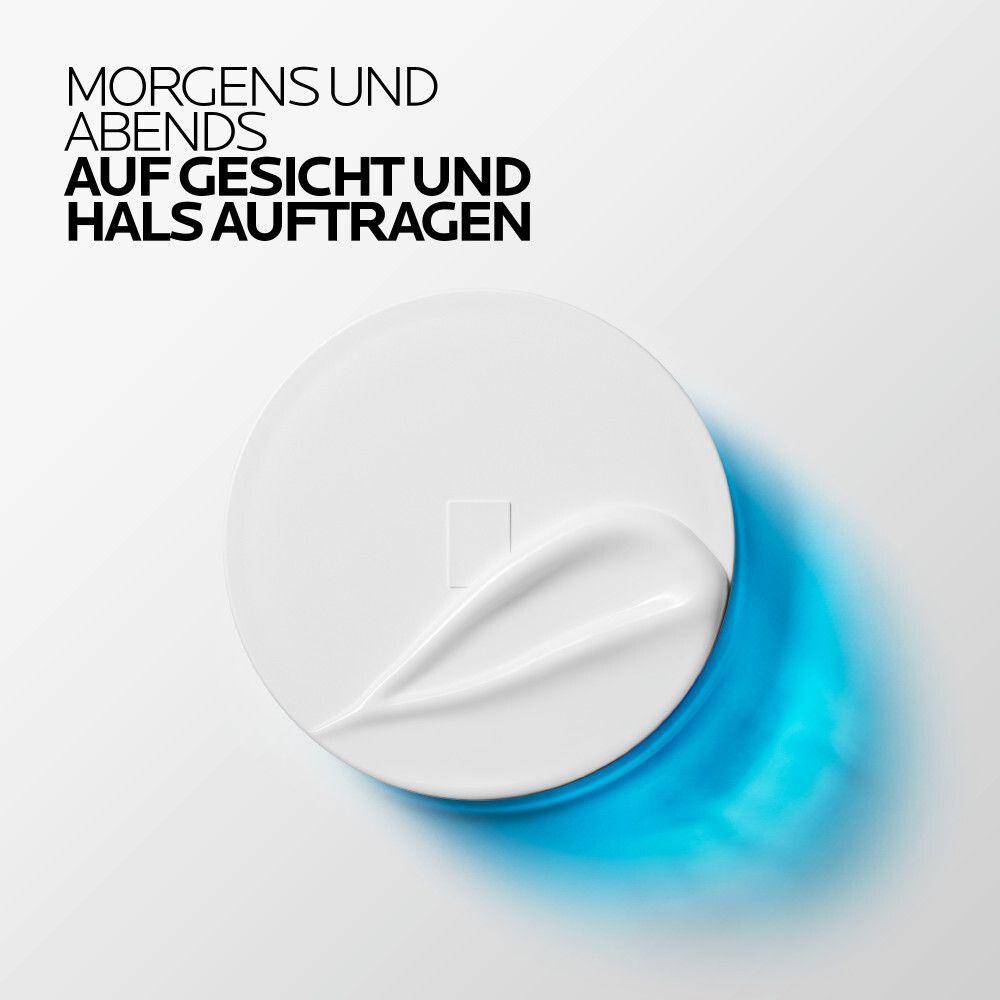 Creme auf weißem Deckel. Text: Morgens und abends auf Gesicht und Hals auftragen.