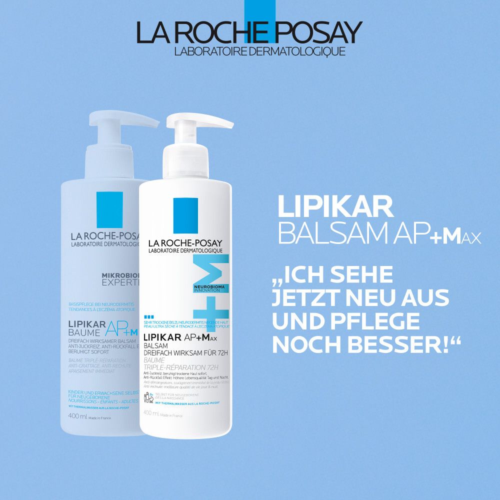Zwei Flaschen La Roche-Posay Lipikar Balsam AP+M. Text: „Ich sehe jetzt neu aus und pflege noch besser!“