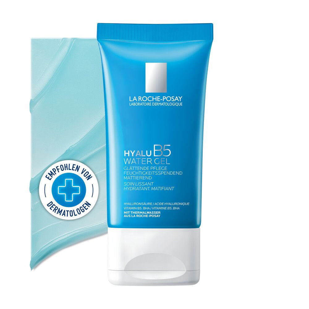 Blau-weiße Tube mit Produkt. Aufschrift: La Roche-Posay, Hyalu B5 Water Gel. Empfohlen von Dermatologen.