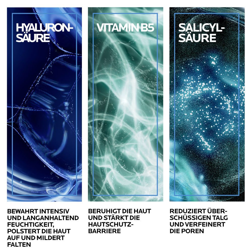Drei Textfelder: Hyaluronsäure, Vitamin B5, Salicylsäure. Beschreibungen der Inhaltsstoffe und deren Wirkung.