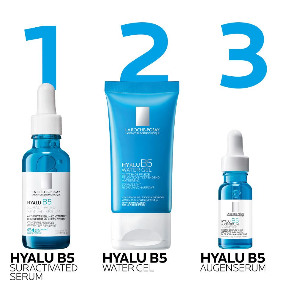 Drei Produkte: Hyalu B5 Suractivated Serum, Hyalu B5 Water Gel, Hyalu B5 Augenserum. Produktabbildung.