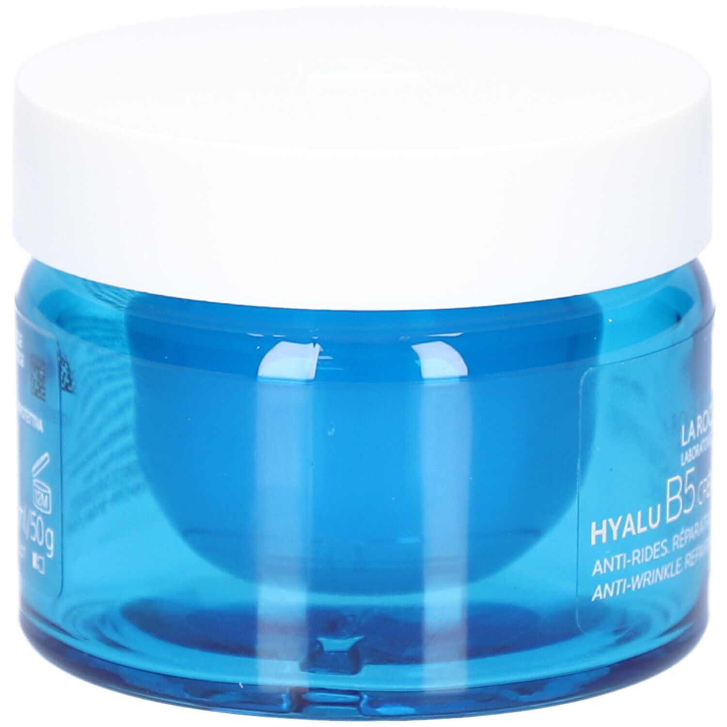 Blaues Creme-Glas mit weißem Deckel. Aufschrift: Hyalu B5 Crème. Rückseite mit Produktinformationen.