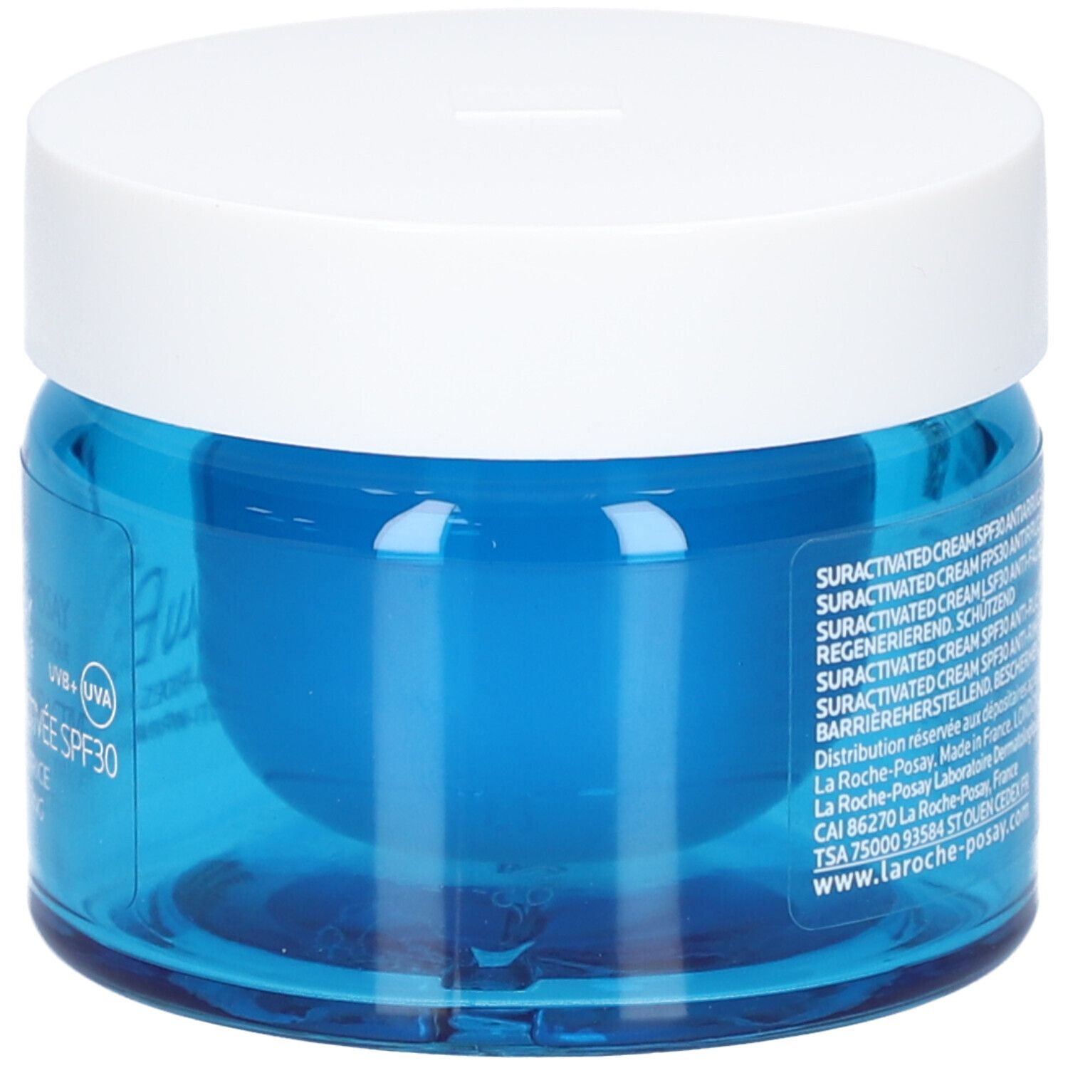 Blaues Creme-Glas mit weißem Deckel. Aufschrift: Hyalu B5 Crème. Rückseite mit Produktinformationen.