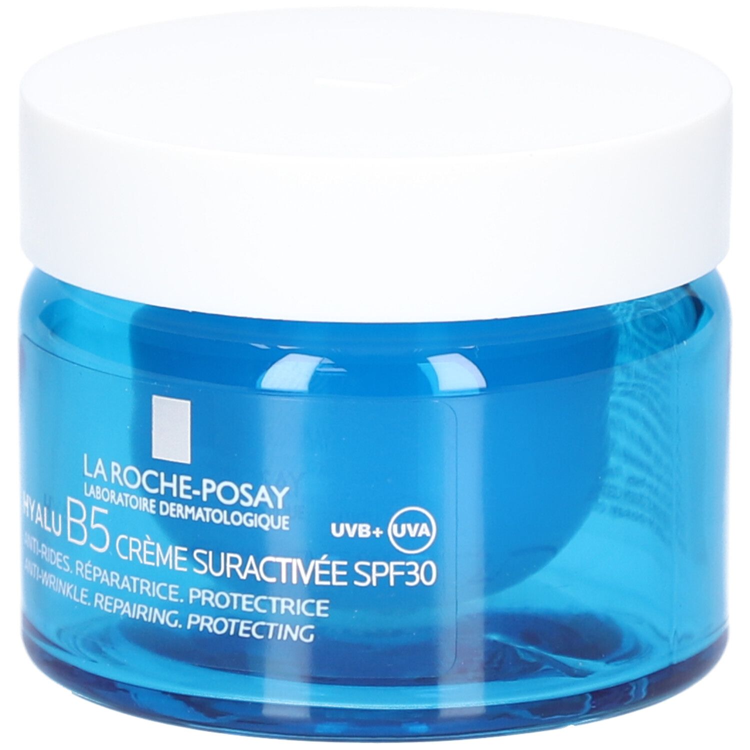 Blaues Creme-Glas mit weißem Deckel. Aufschrift: La Roche-Posay Hyalu B5 Crème Suractivée SPF30. Anti-Falten.