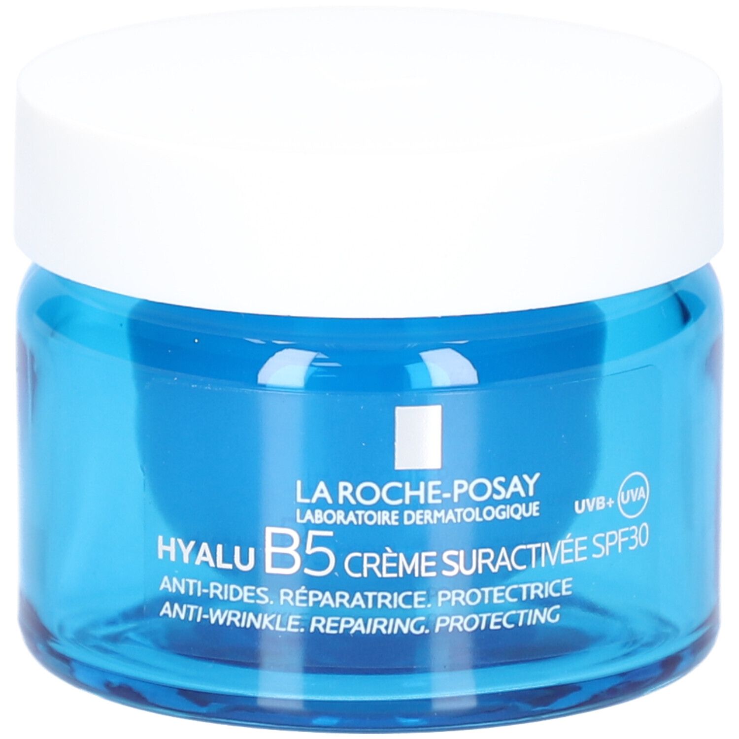 Blaues Creme-Glas mit weißem Deckel. Aufschrift: La Roche-Posay Hyalu B5 Crème Suractivée SPF30. Anti-Falten.