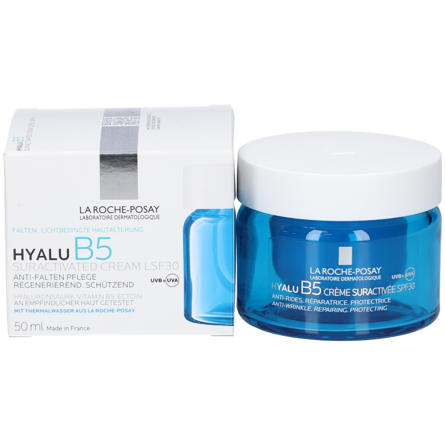 Produktverpackung mit Creme-Glas und kleiner Flasche. Aufschrift: Hyalu B5 Suractivated Cream LSF30. 50ml.
