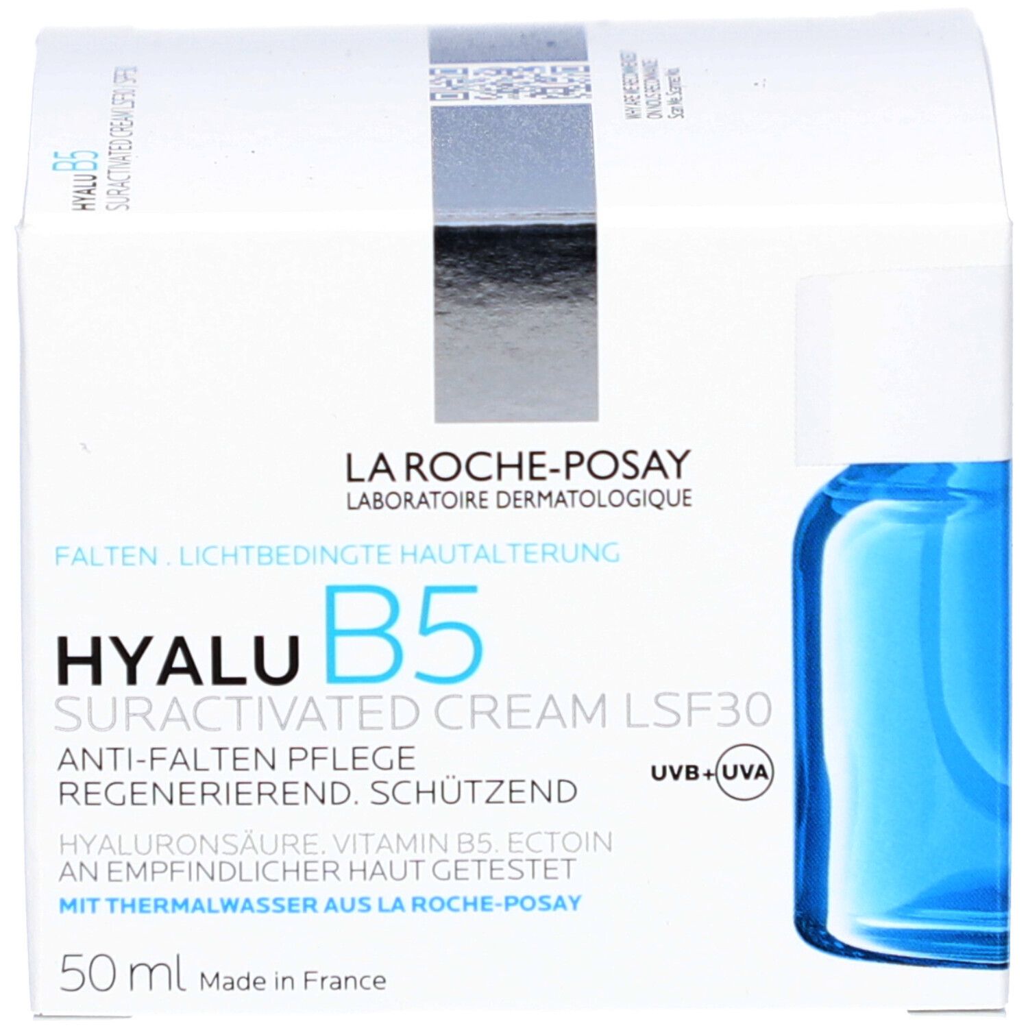 Produktverpackung mit Aufschrift: La Roche-Posay Hyalu B5 Suractivated Cream LSF30. 50ml.