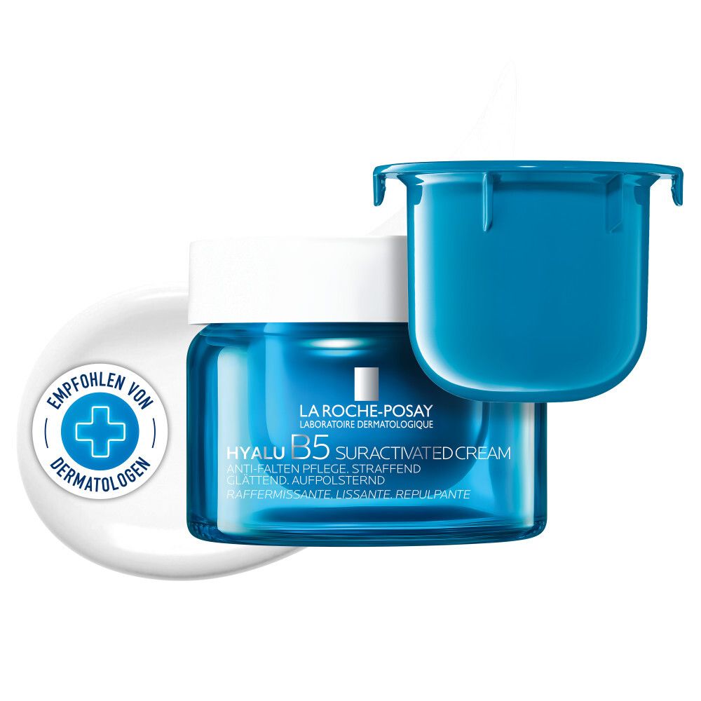 Blaue Creme-Dose mit weißem Deckel und blauem Nachfüllbehälter. Aufschrift: La Roche-Posay Hyalu B5 Suractivated Cream. Dermatologisch getestet.