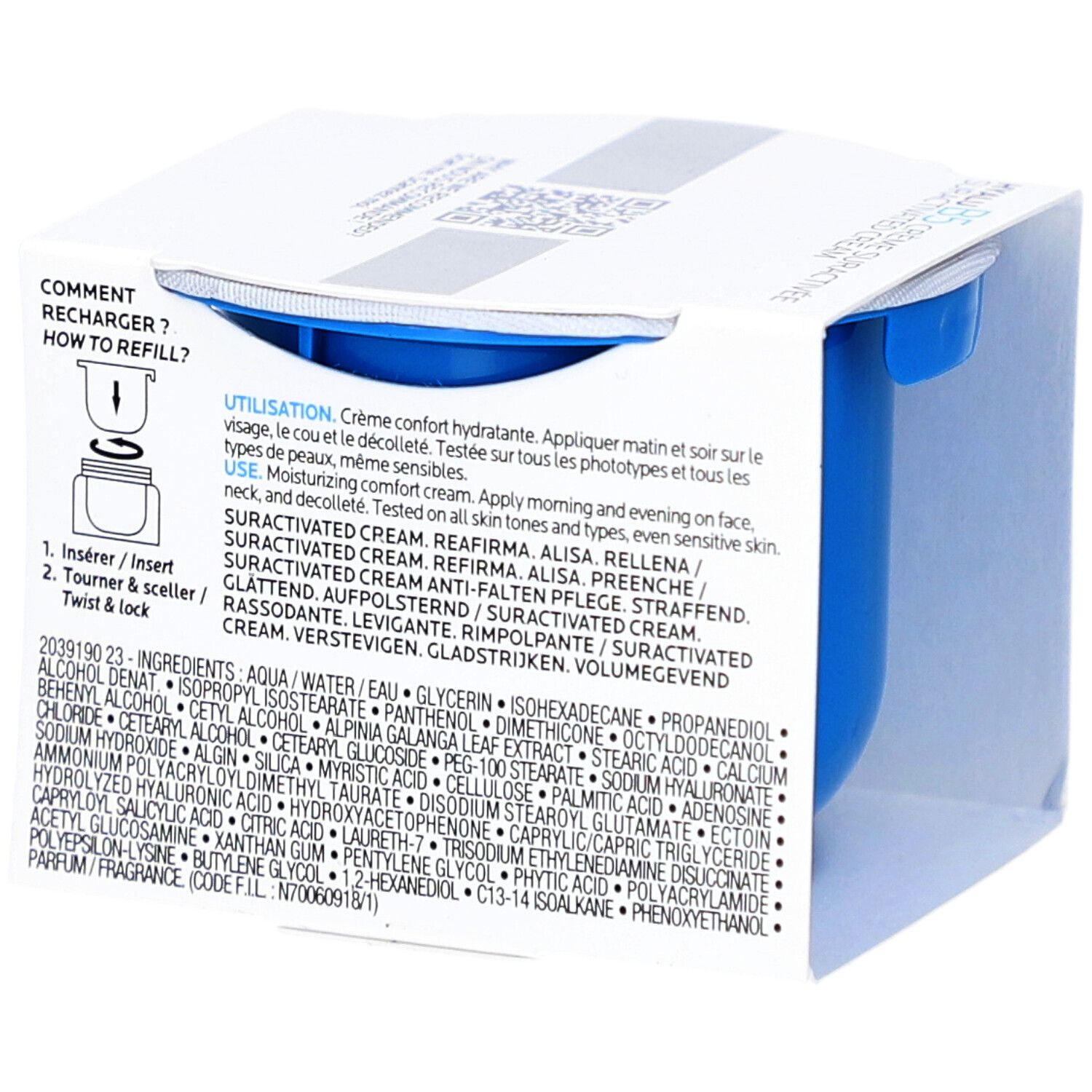 Rückseite der Verpackung. Text: Anwendungshinweise, Inhaltsstoffe. Blauer Cremetiegel sichtbar. Weißer Karton.