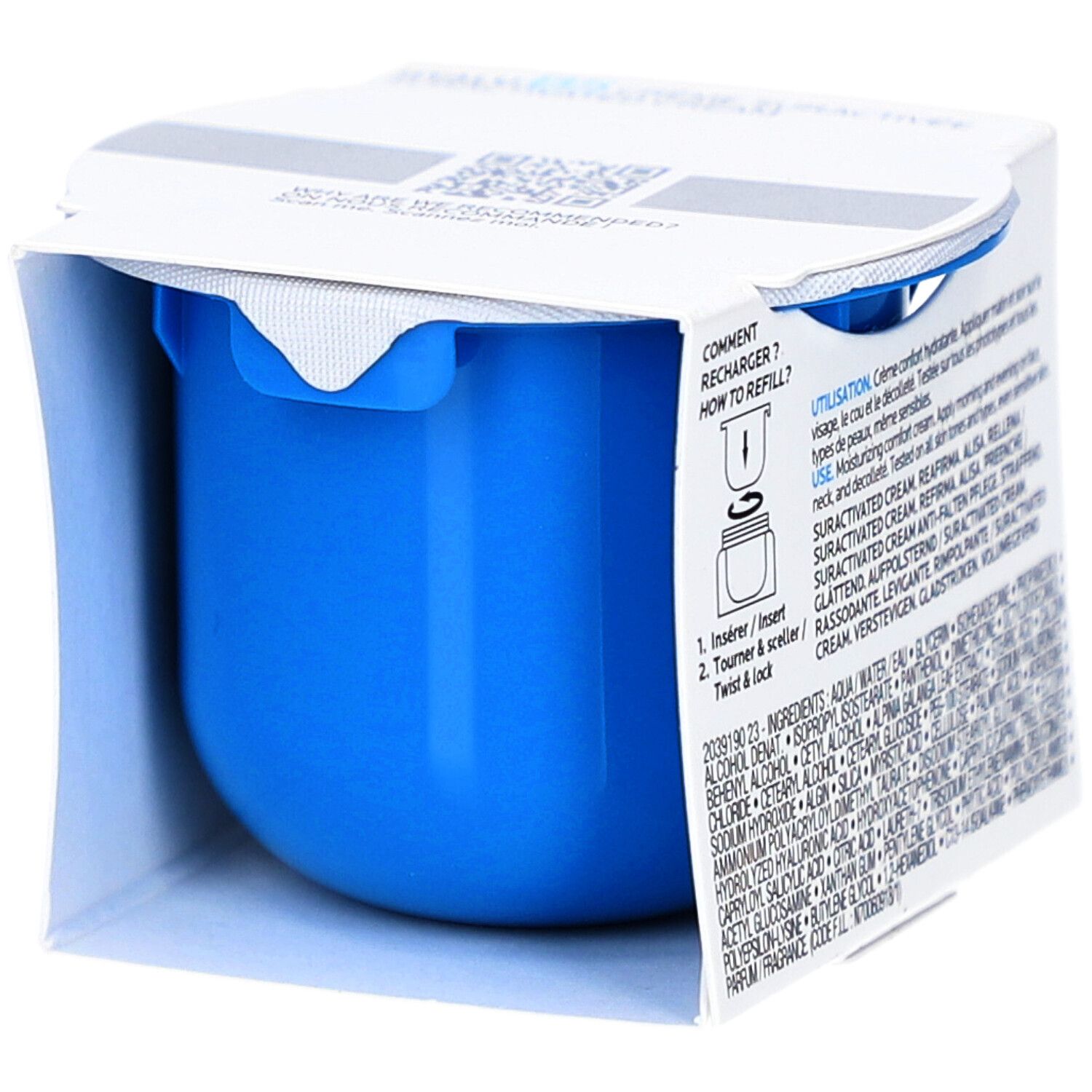 Rückseite der Verpackung. Text: Anwendungshinweise, Inhaltsstoffe. Blauer Cremetiegel sichtbar. Weißer Karton.