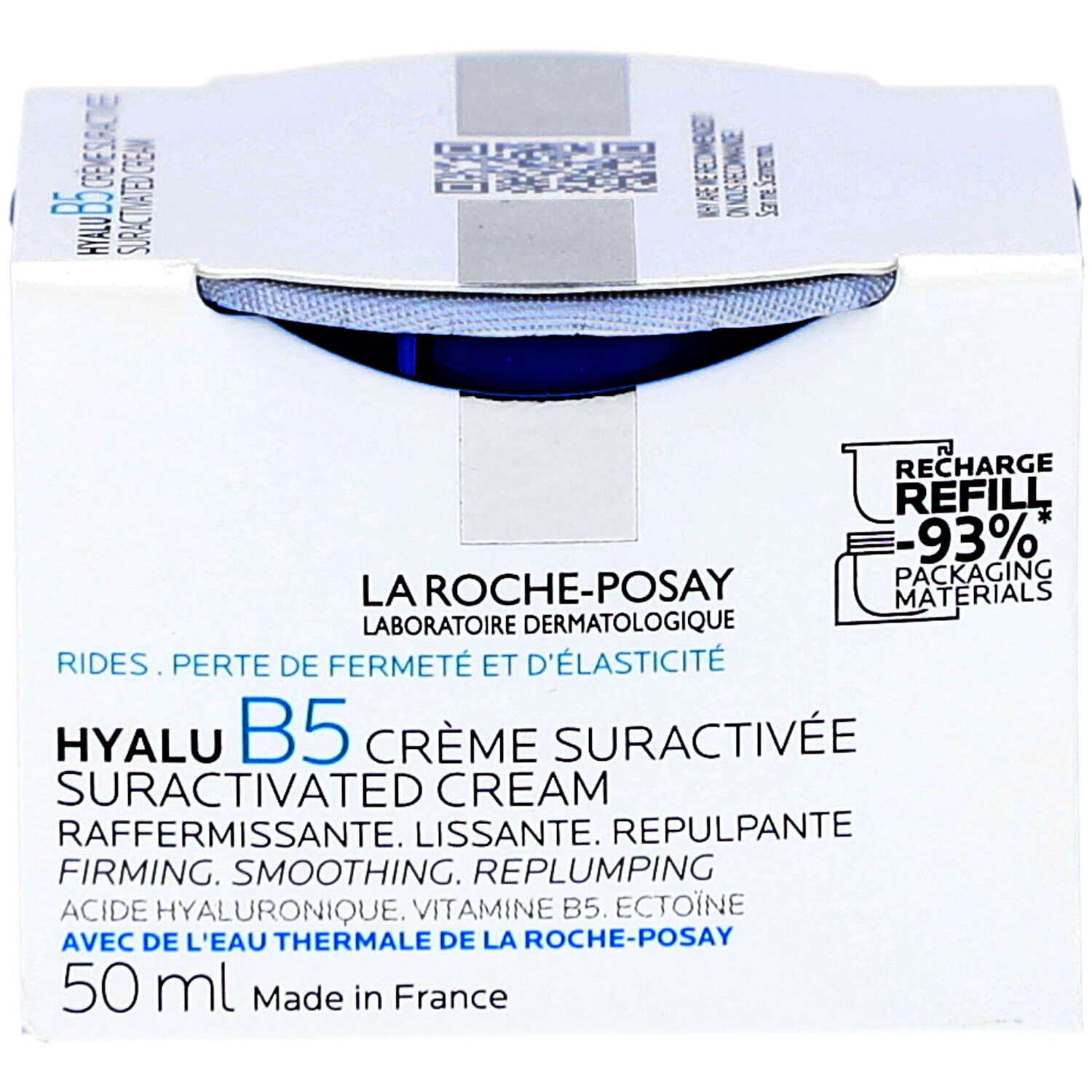 Weiße Verpackung mit blauem Cremetiegel. Aufschrift: Hyalu B5 Crème Suractivée. 50 ml. Verpackungsmaterialien recycelbar.