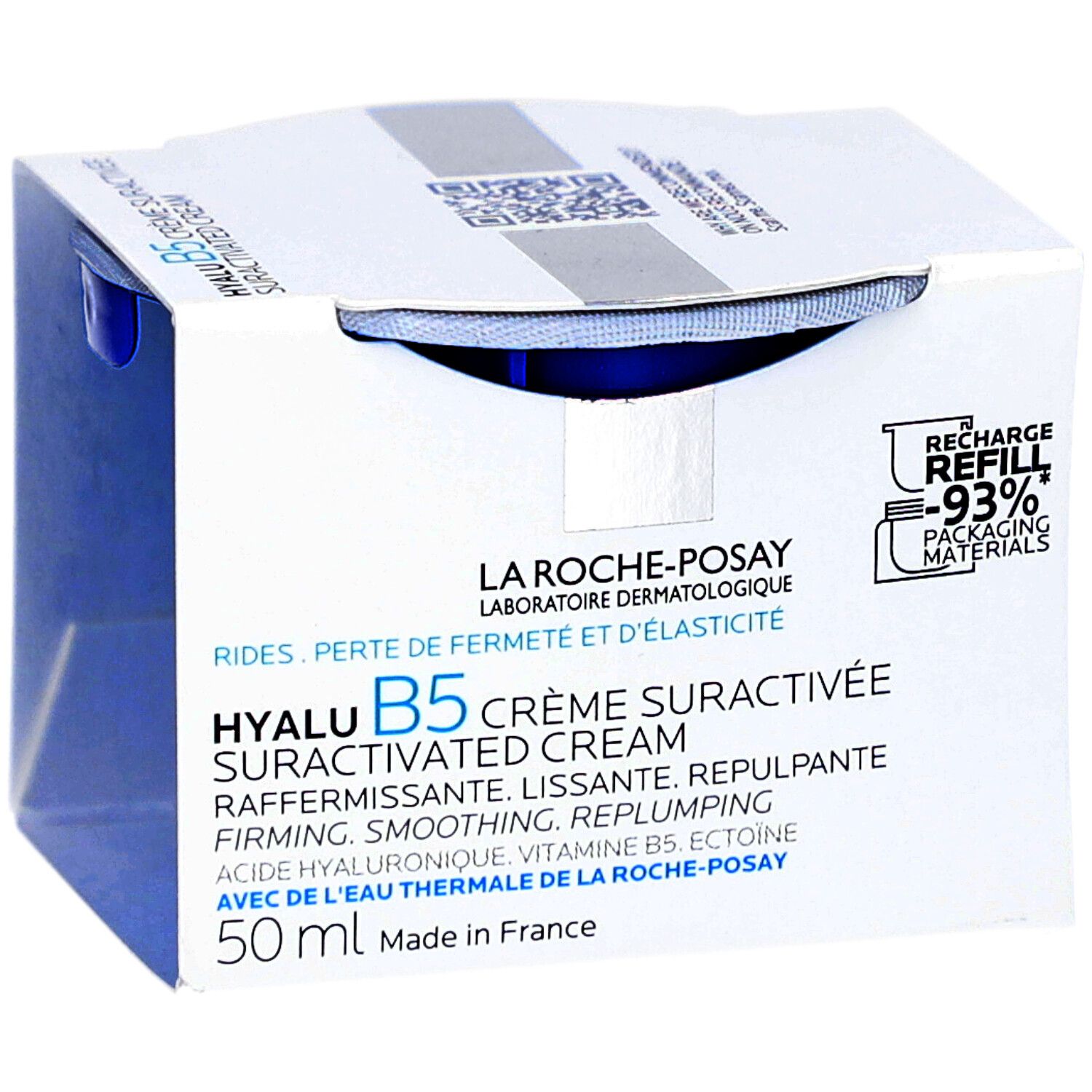 Weiße Verpackung mit blauem Cremetiegel. Aufschrift: Hyalu B5 Crème Suractivée. 50 ml. Verpackungsmaterialien recycelbar.