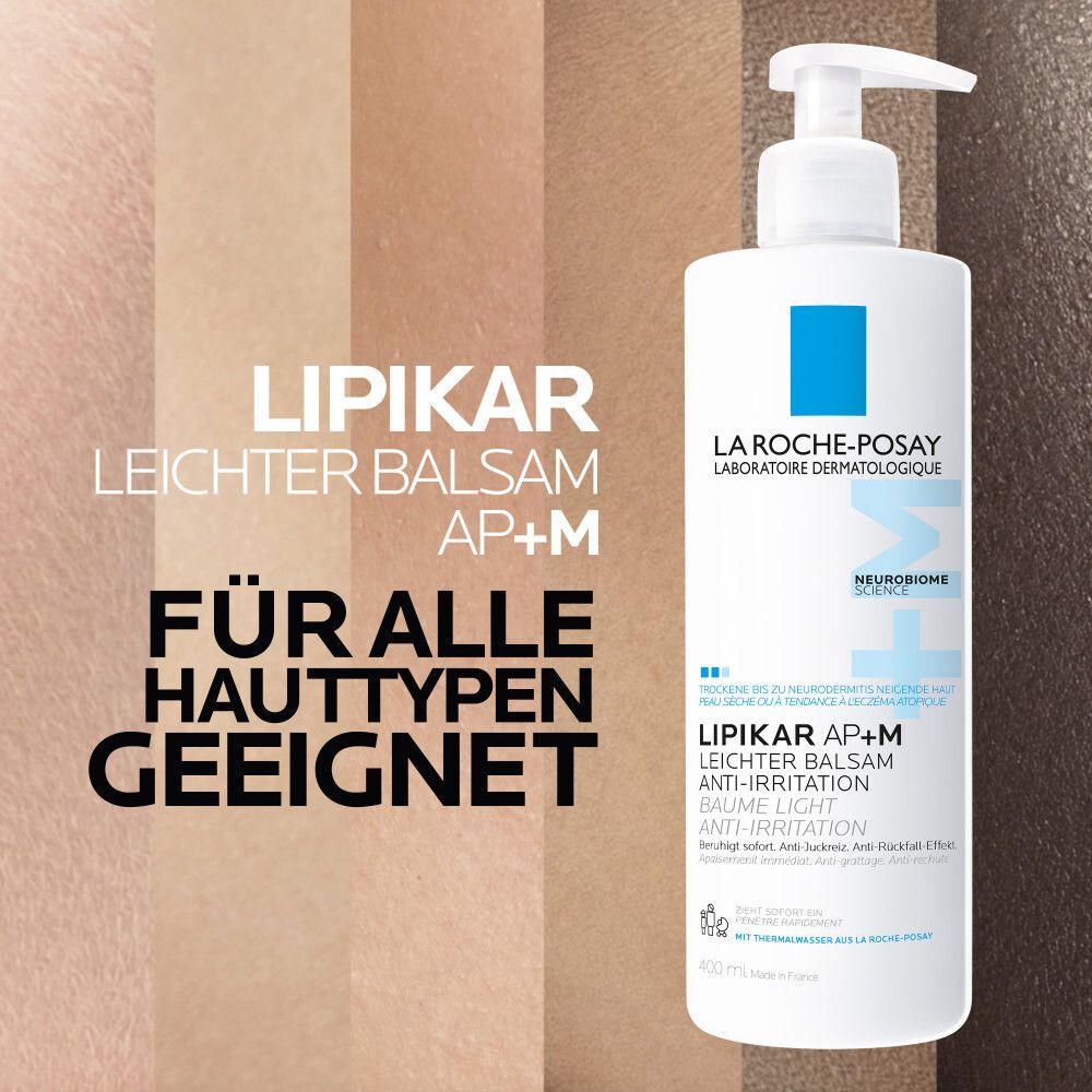 La Roche-Posay Lipikar Leichter Balsam AP+M. Text: Für alle Hauttypen geeignet. Verschiedene Hauttöne im Hintergrund.