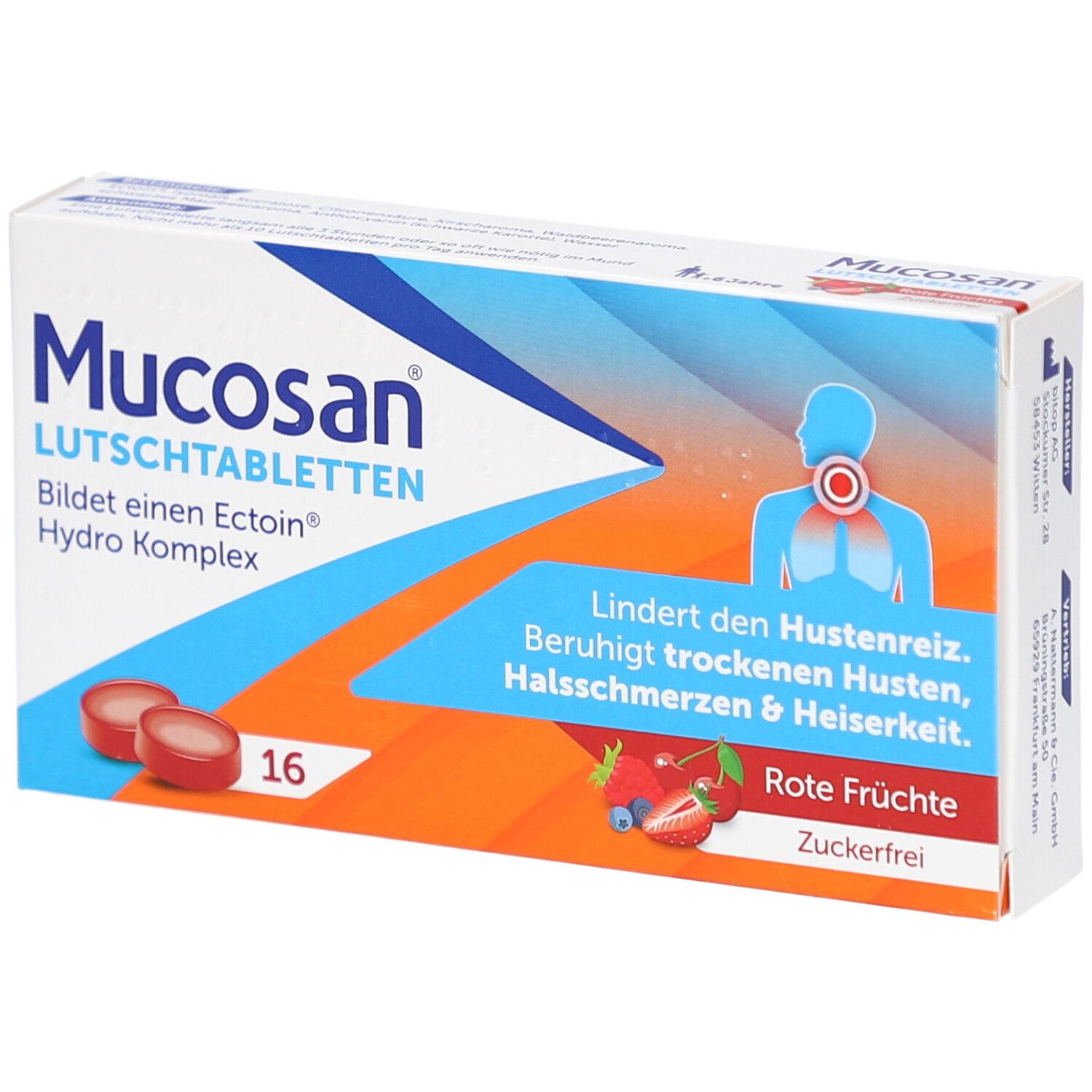 Schachtel mit MUCOSAN Lutschtabletten rote Früchte. 16 Tabletten. Illustration eines Halses mit Husten.