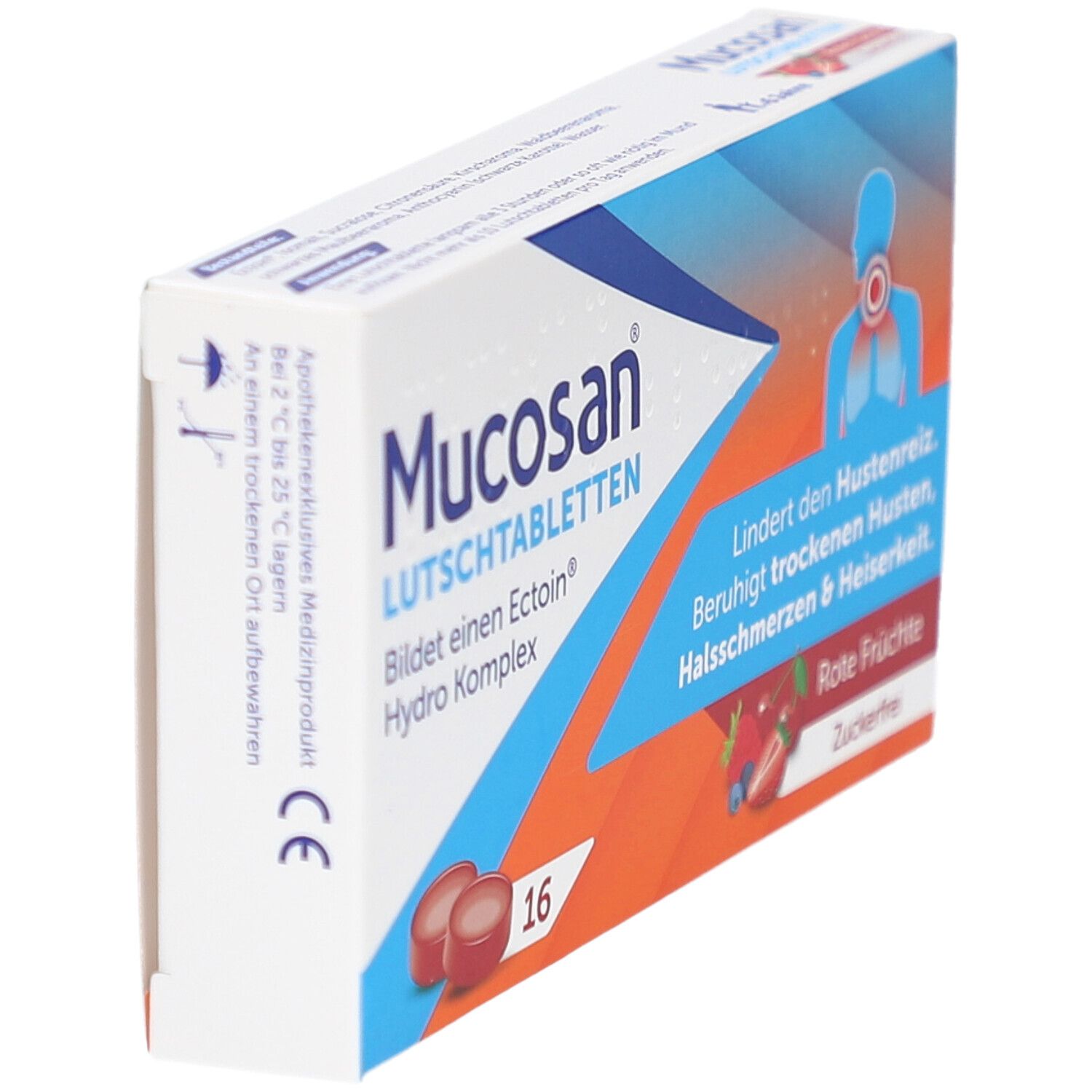 Schachtel MUCOSAN Lutschtabletten rote Früchte. 16 Tabletten. CE-Zeichen. Aufdruck: Bei 2-25°C lagern.