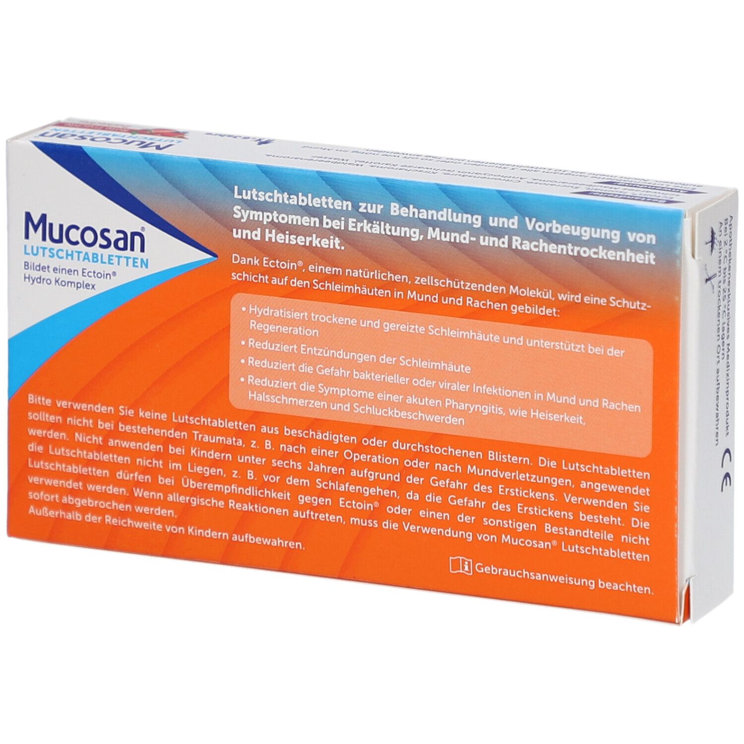 Rückseite der Schachtel MUCOSAN Lutschtabletten. Text zur Behandlung von Erkältungssymptomen. Gebrauchsanweisung.