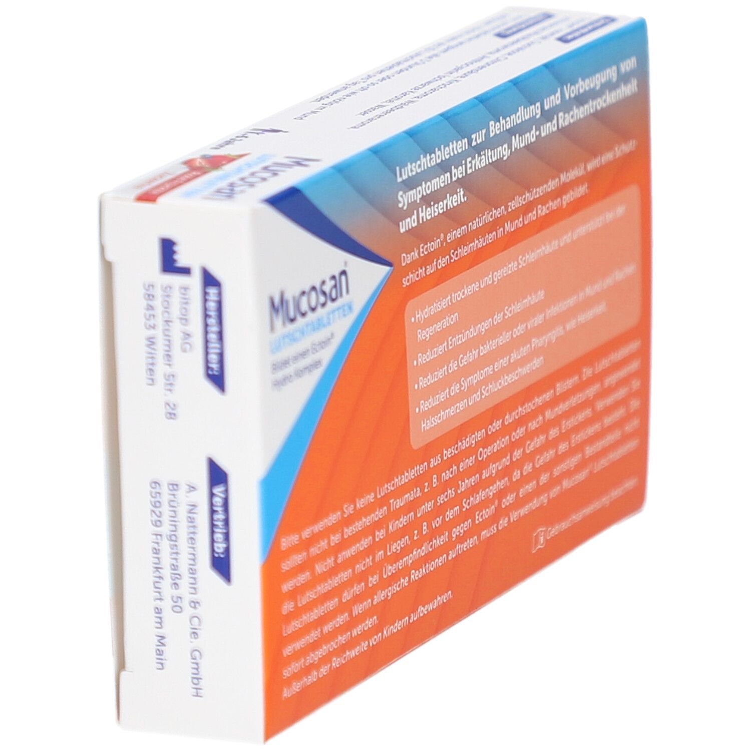 Rückseite der Schachtel MUCOSAN Lutschtabletten. Hersteller- und Vertriebsinformationen. Text.