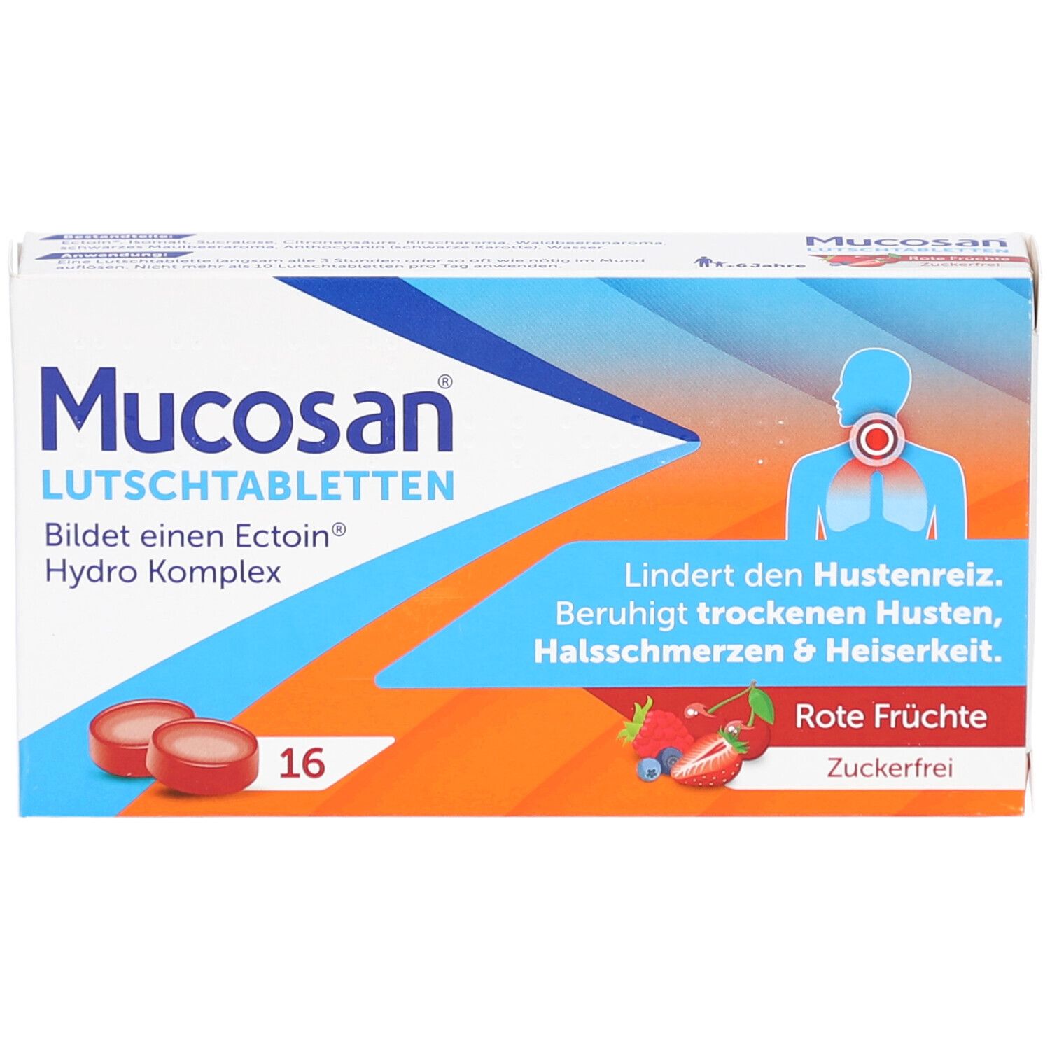 Schachtel MUCOSAN Lutschtabletten rote Früchte. 16 Tabletten. Illustration eines Halses mit Husten.