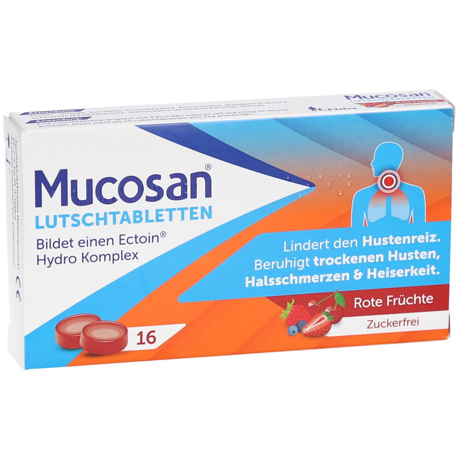Schachtel MUCOSAN Lutschtabletten rote Früchte. 16 Tabletten. Illustration eines Halses mit Husten.