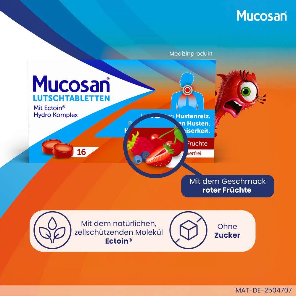 Packung Mucosan Lutschtabletten. 16 Tabletten, rote Früchte, zuckerfrei. Text: Mit dem Geschmack roter Früchte.
