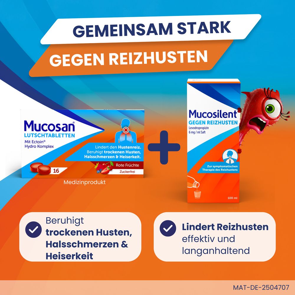 Mucosan Lutschtabletten und Mucosolvant Hustensaft. Text: Gemeinsam stark gegen Reizhusten.